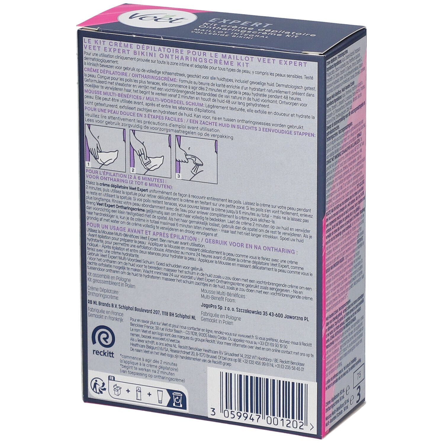 Kit Veet Expert. Boîte avec texte et instructions d'utilisation. Illustrations montrent les étapes d'application.
