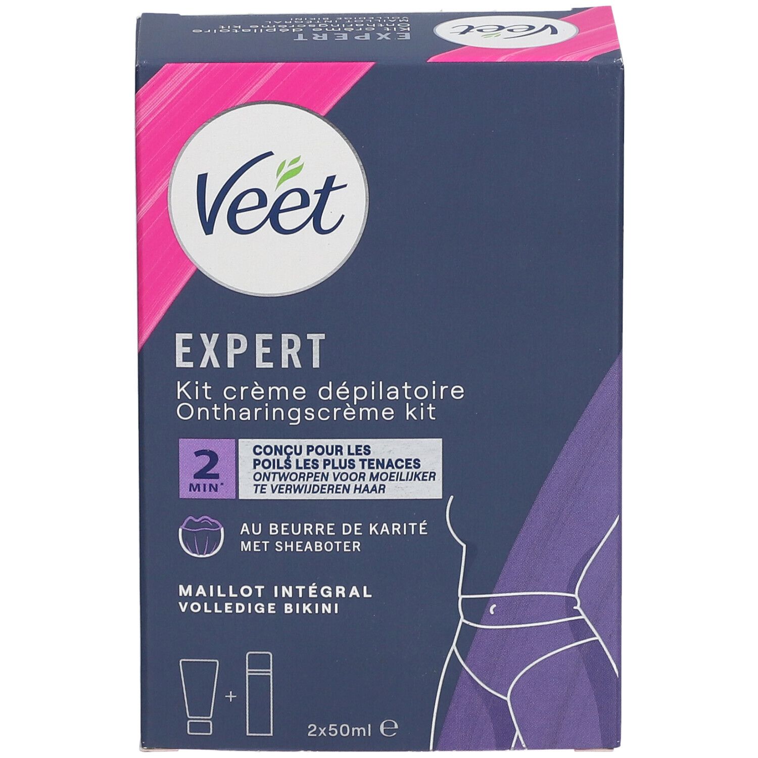 Kit Veet Expert. Boîte avec image du produit et texte. Contient crème et accessoires. Pour le maillot intégral.