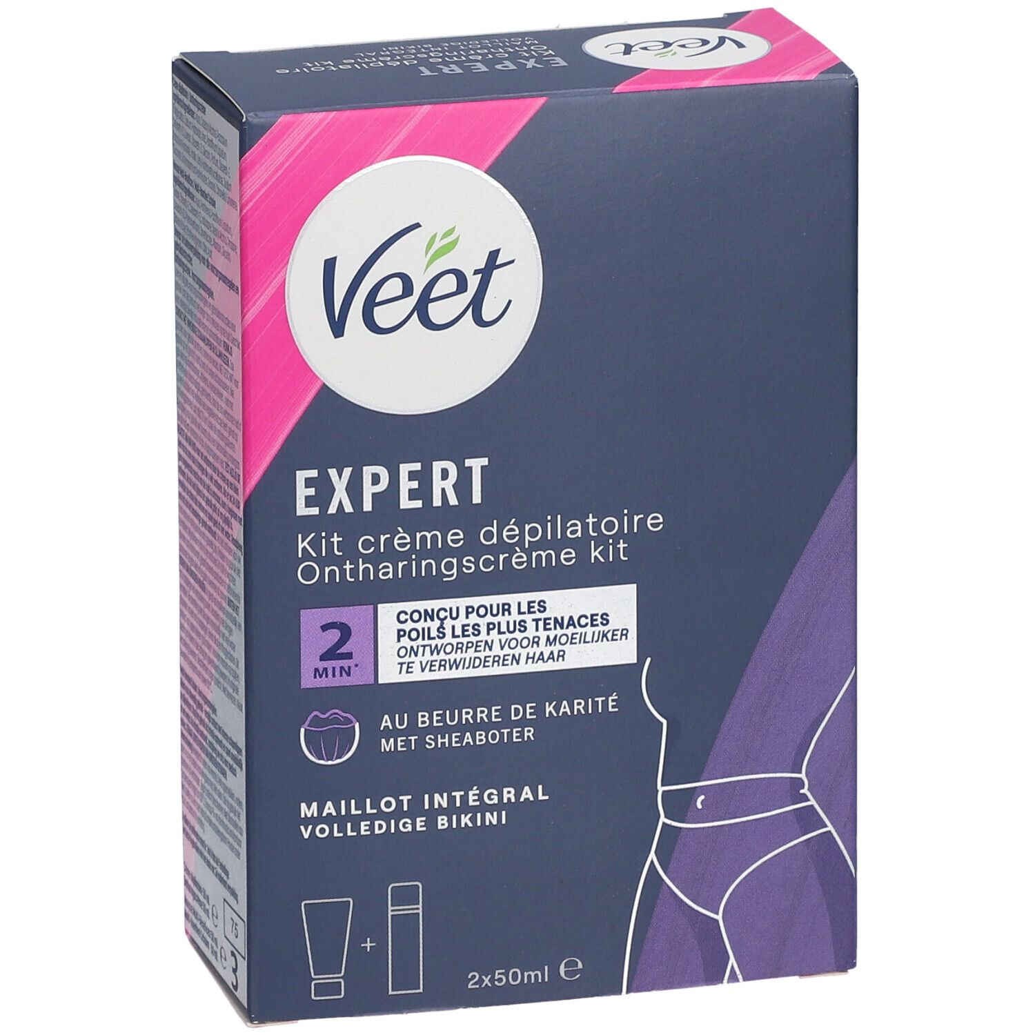 Kit Veet Expert. Boîte avec image du produit et texte. Contient crème et accessoires. Pour le maillot intégral.