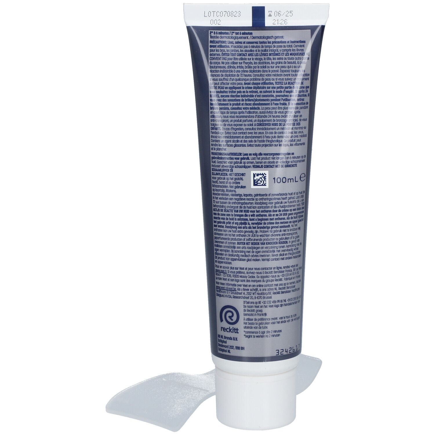 Achterkant van de Veet Expert ontharingscrèmetube. Bevat tekst en barcode. 100ml.