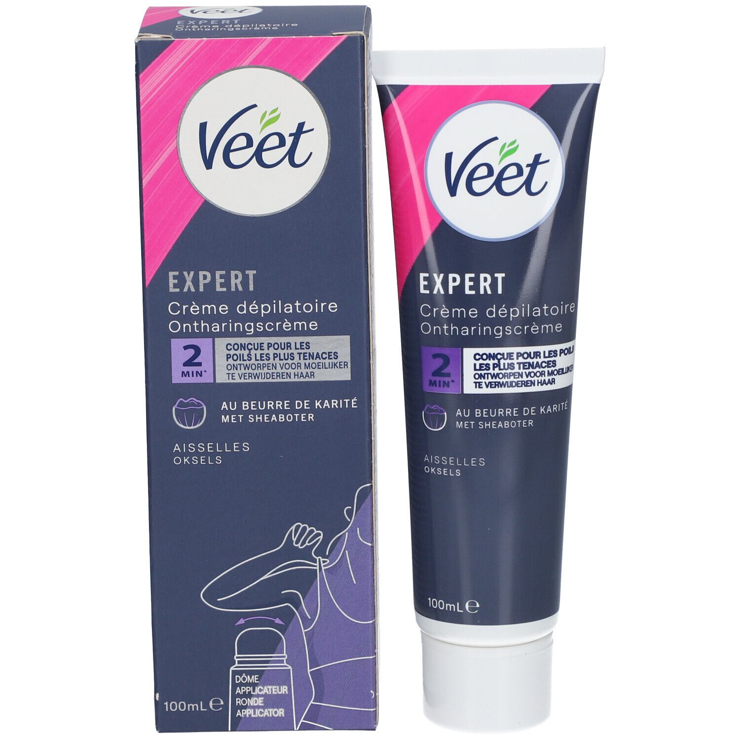 Veet Expert ontharingscrème en verpakking. Tube en doos. Voor oksels. 100ml.