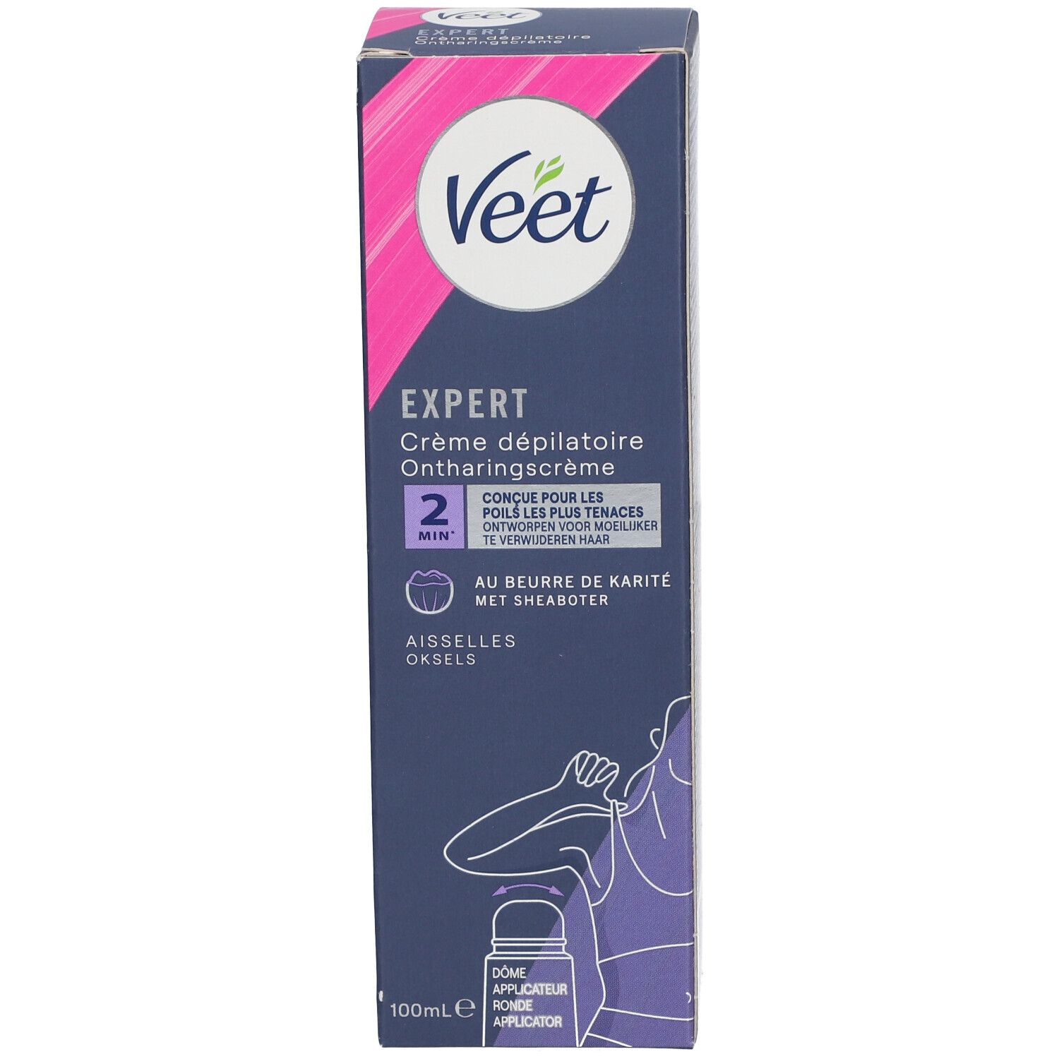 Verpakking van Veet Expert ontharingscrème. Doos met productnaam en illustratie. 100ml.