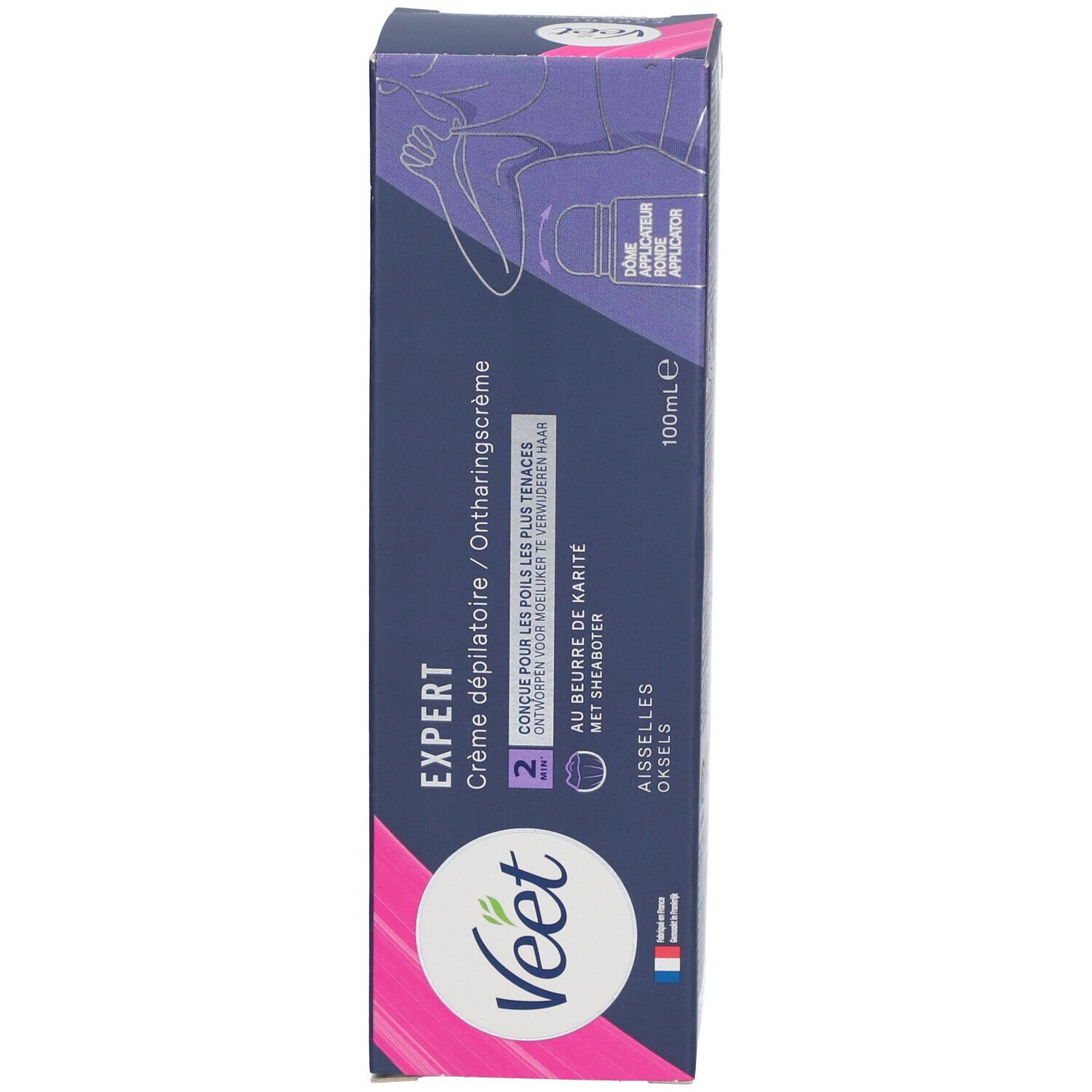 Veet Expert ontharingscrème verpakking. Bevat productnaam, illustraties en logo's.