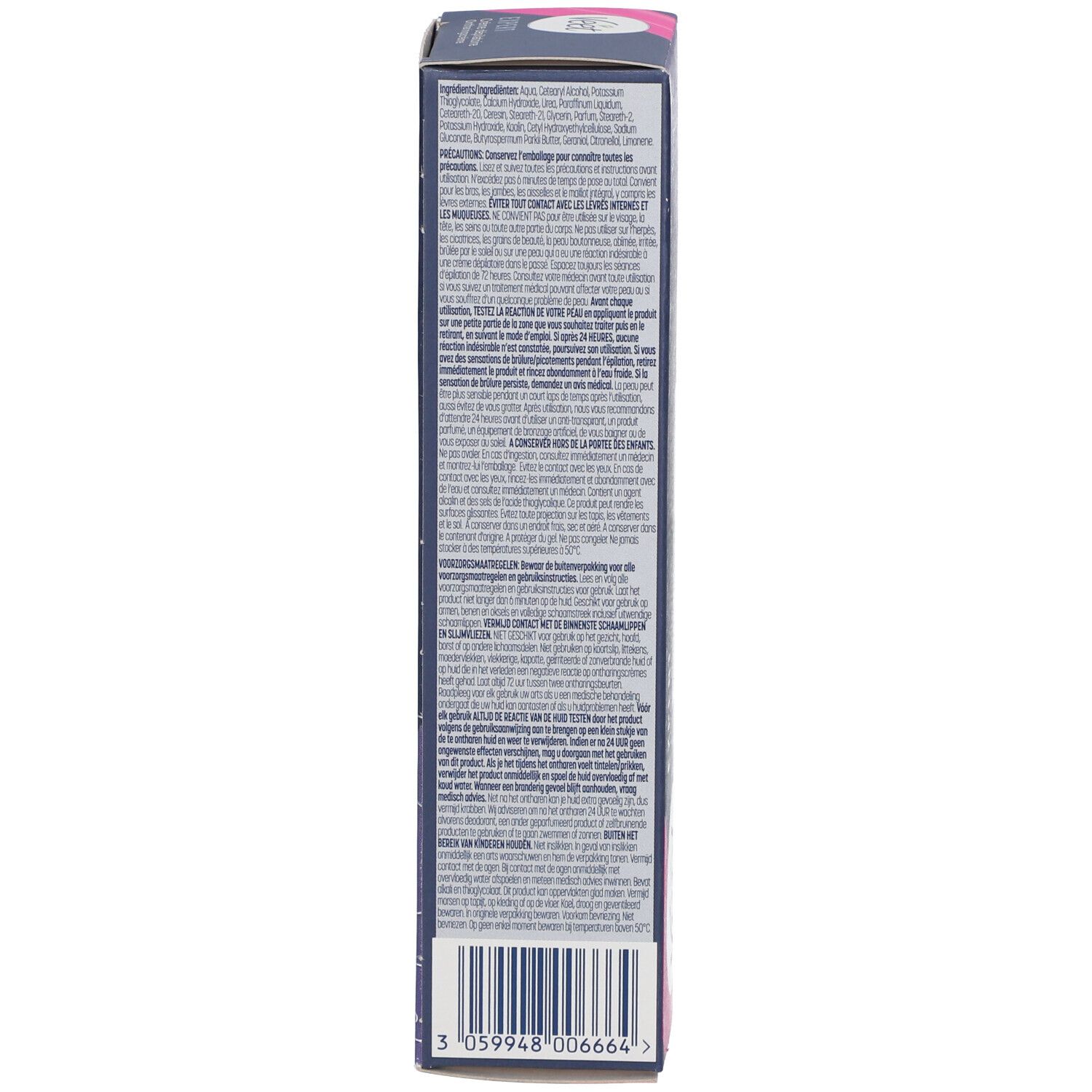 Zijkant van de Veet Expert ontharingscrème verpakking. Bevat tekst en barcode. 100ml.