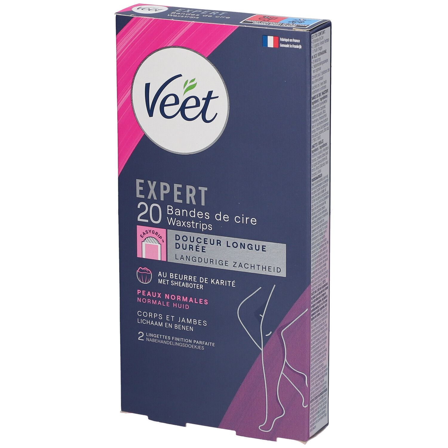 Boîte de bandes de cire Veet Expert. 20 bandes, pour peaux normales. Beurre de karité. Emballage avec illustration du produit.