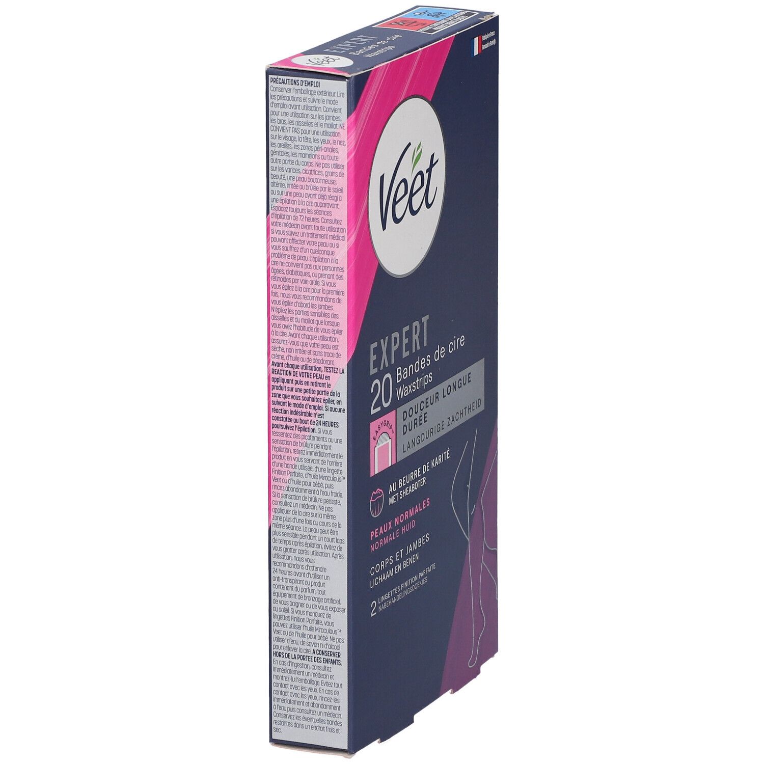 Vue latérale de la boîte de bandes de cire Veet Expert. 20 bandes, pour peaux normales. Texte sur l'emballage.