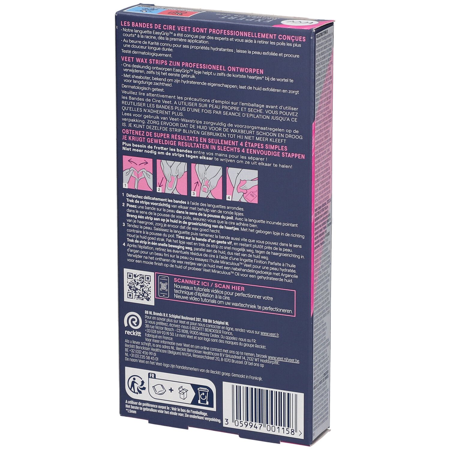 Dos de la boîte de bandes de cire Veet Expert. Texte et illustrations. Instructions et code QR.