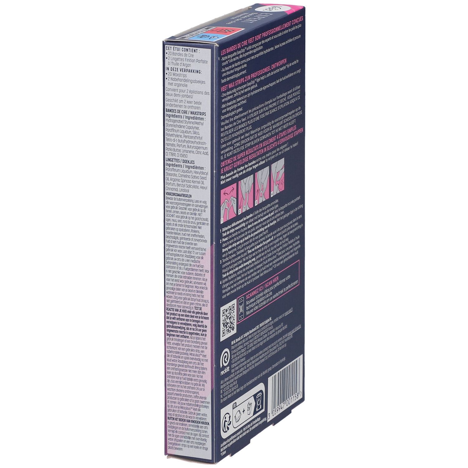Vue latérale de la boîte de bandes de cire Veet Expert. Texte et illustrations. Instructions et code QR.