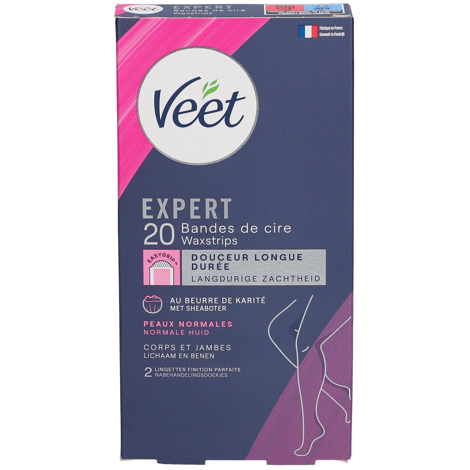 Boîte de bandes de cire Veet Expert. 20 bandes, pour peaux normales. Beurre de karité. Emballage avec illustration du produit.