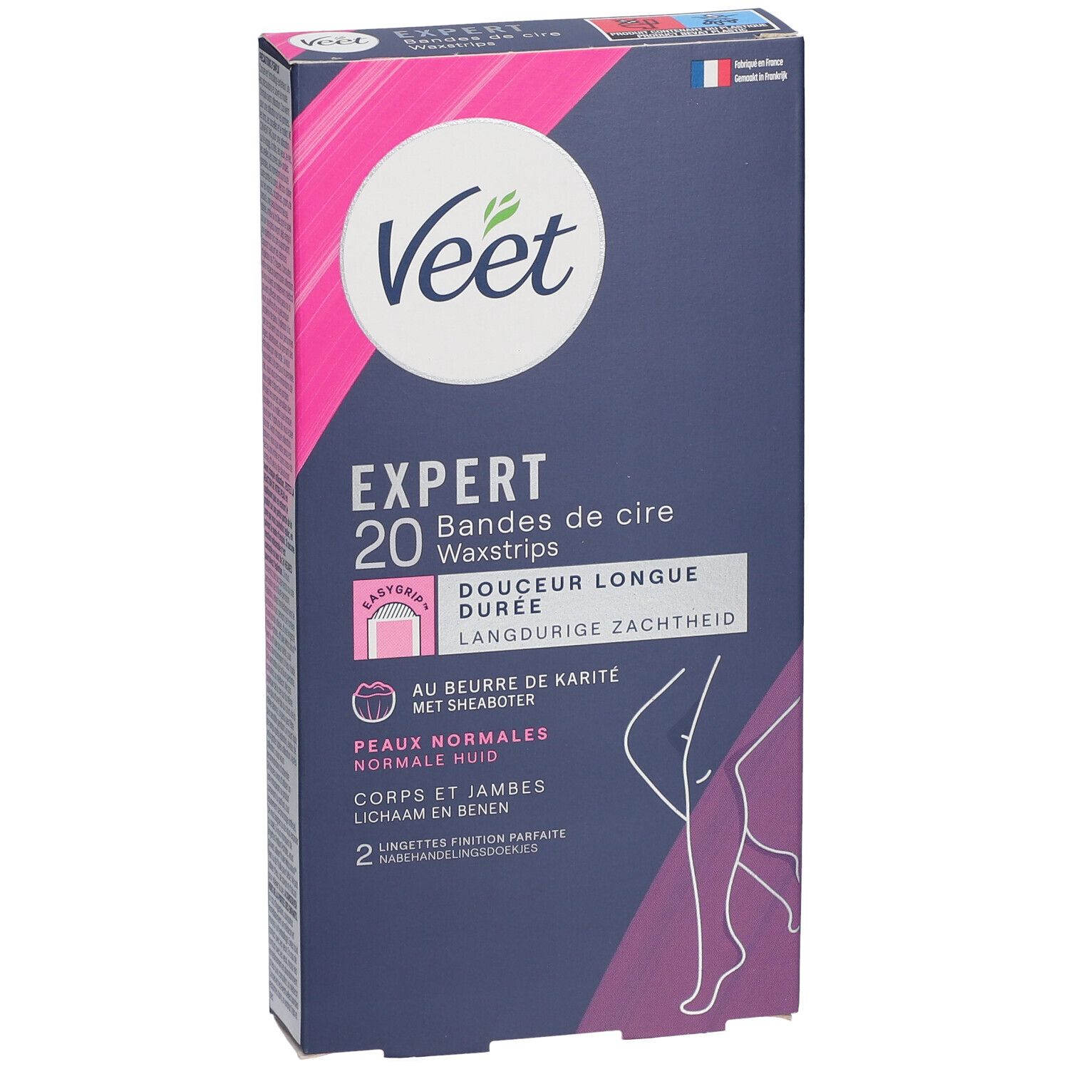 Boîte de bandes de cire Veet Expert. 20 bandes, pour peaux normales. Beurre de karité. Emballage avec illustration du produit.