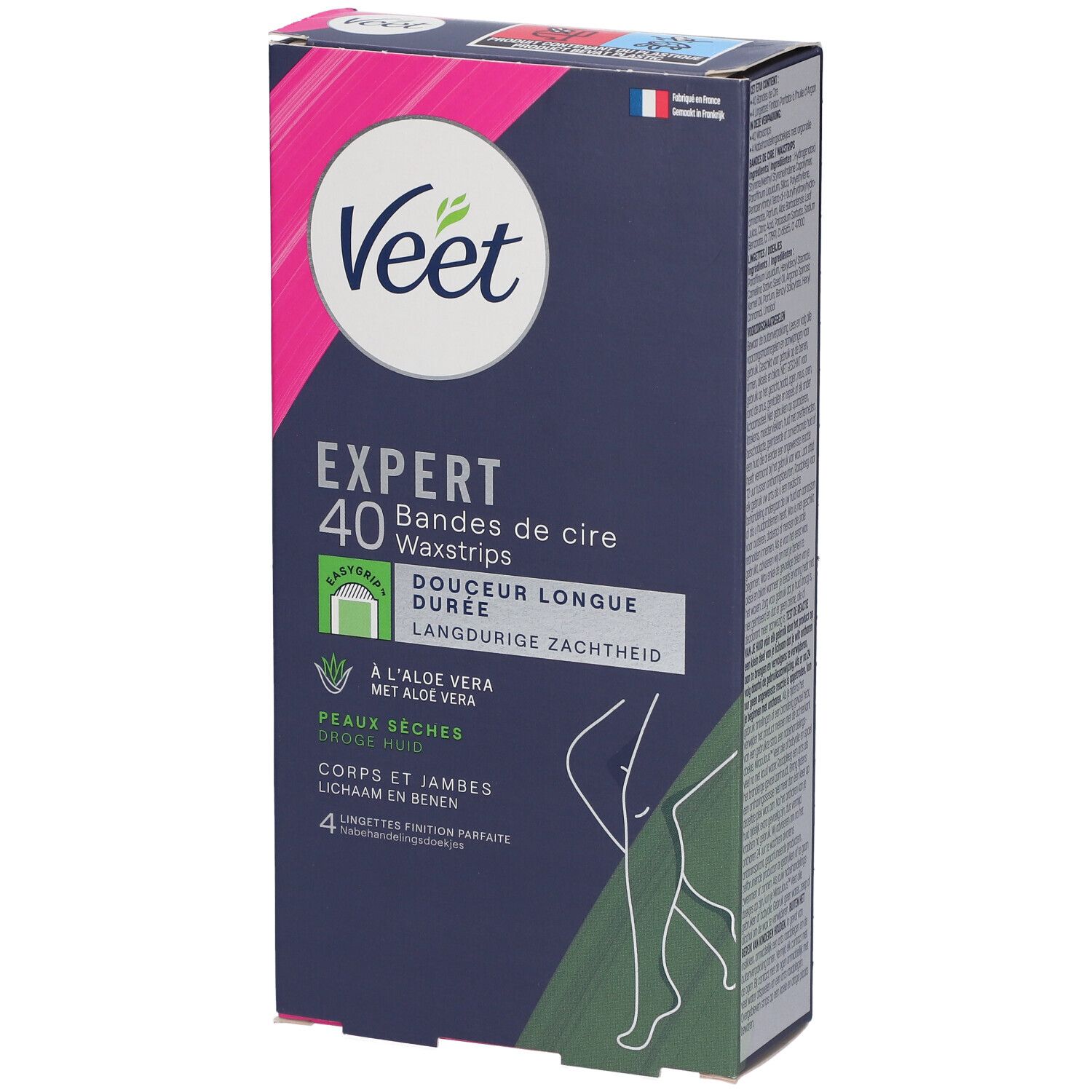 Boîte de bandes de cire Veet Expert. 40 bandes, pour peaux sèches. Contient de l'aloe vera. Illustration d'épilation des jambes.