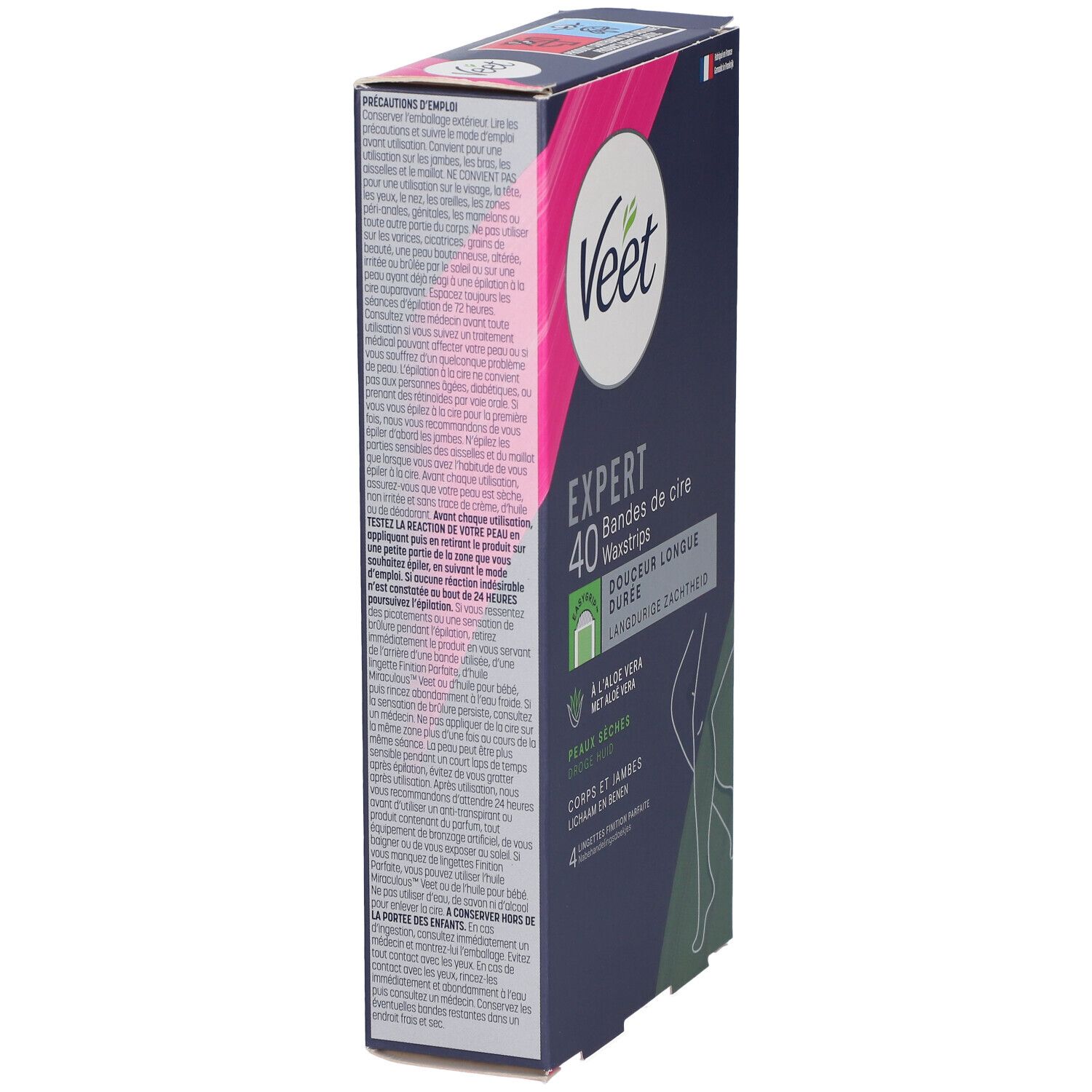 Vue latérale de la boîte de bandes de cire Veet Expert. Texte : précautions, instructions d'utilisation. Drapeau français en haut à droite.