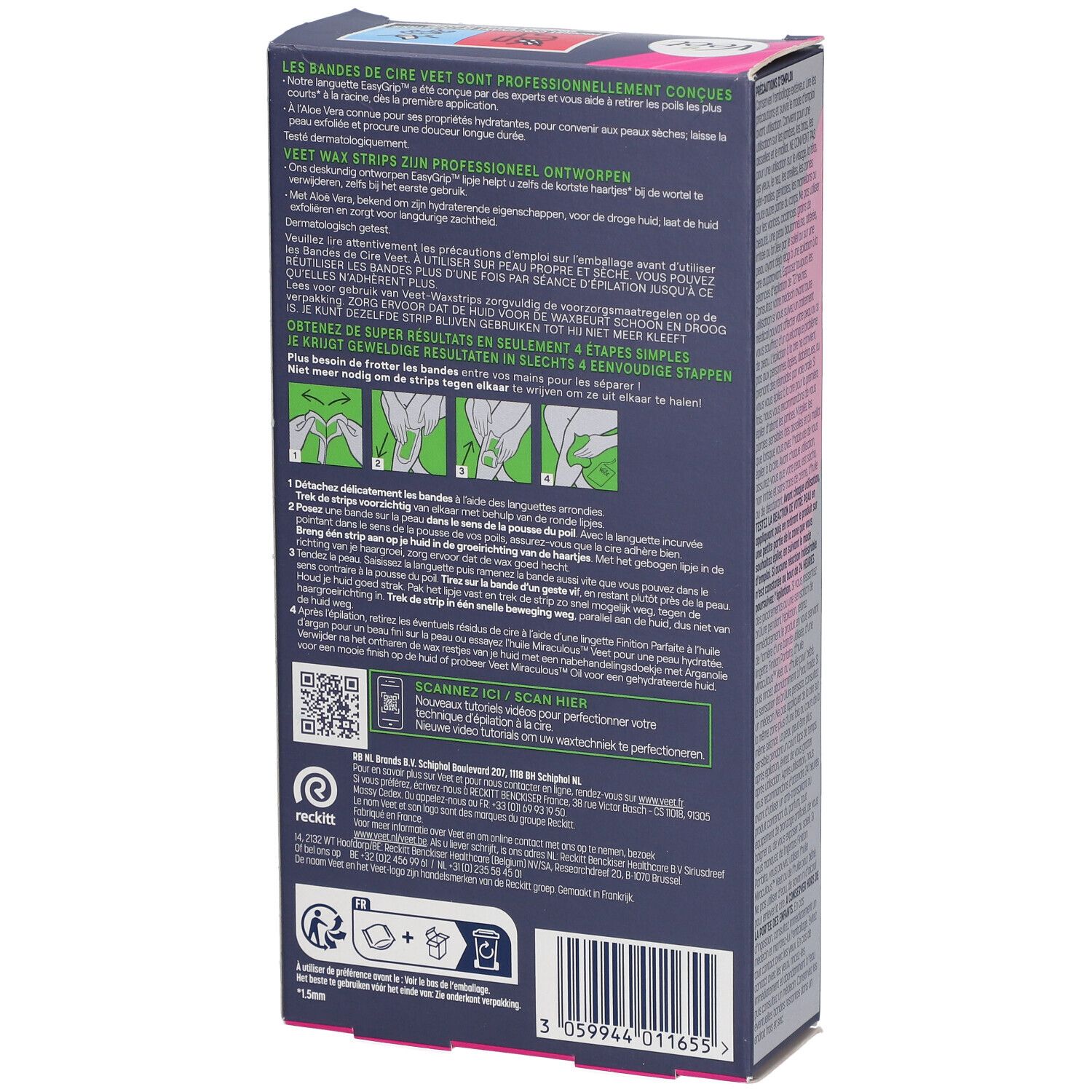 Dos de la boîte de bandes de cire Veet Expert. Étapes d'utilisation, code QR. Texte multilingue.
