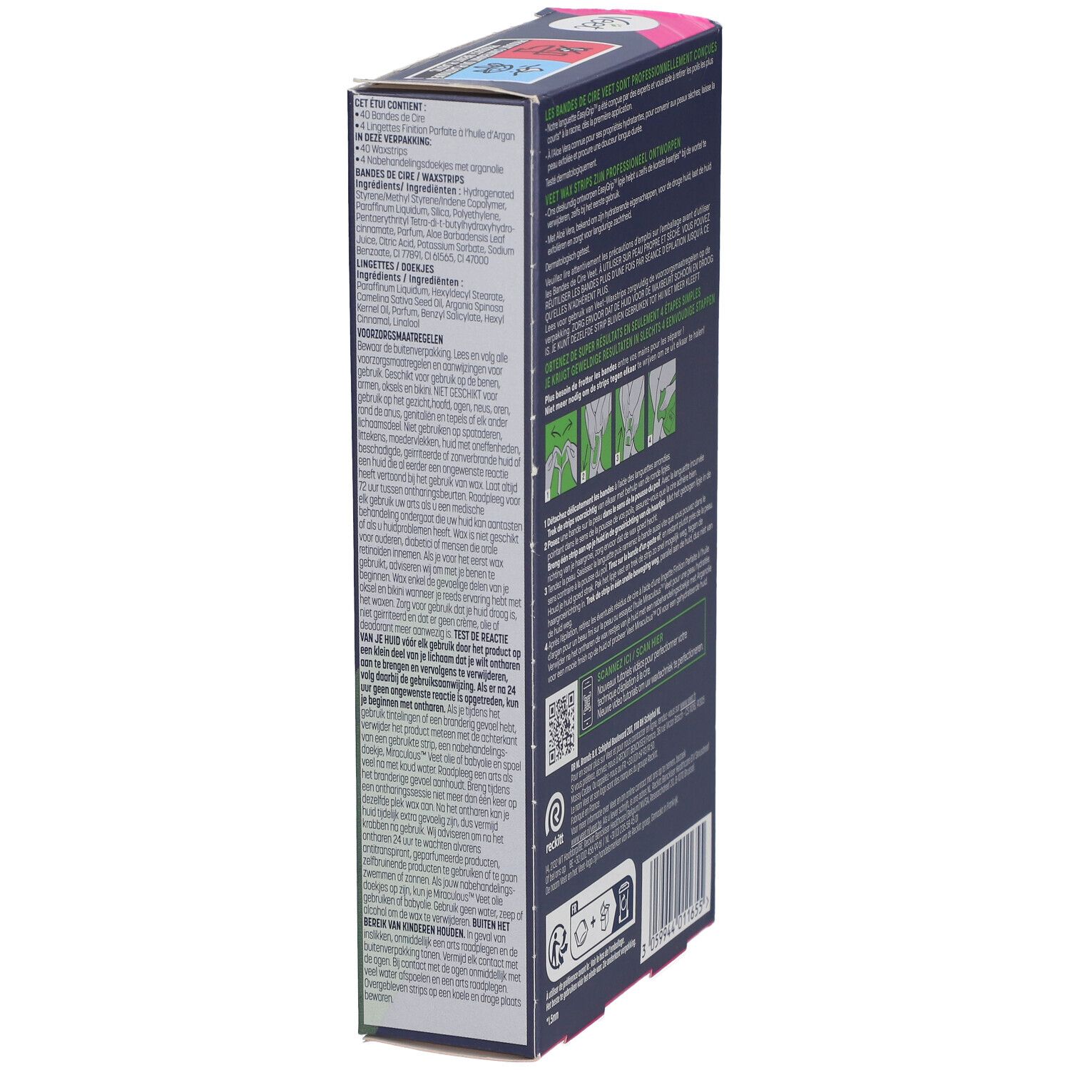 Vue latérale de la boîte de bandes de cire Veet Expert. Texte : ingrédients, instructions d'utilisation. Plusieurs langues.