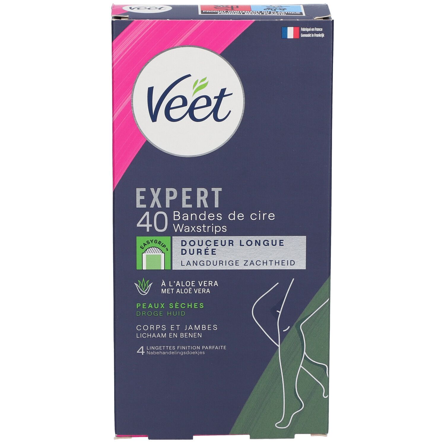 Boîte de bandes de cire Veet Expert. 40 bandes, pour peaux sèches. Contient de l'aloe vera. Illustration d'épilation des jambes.