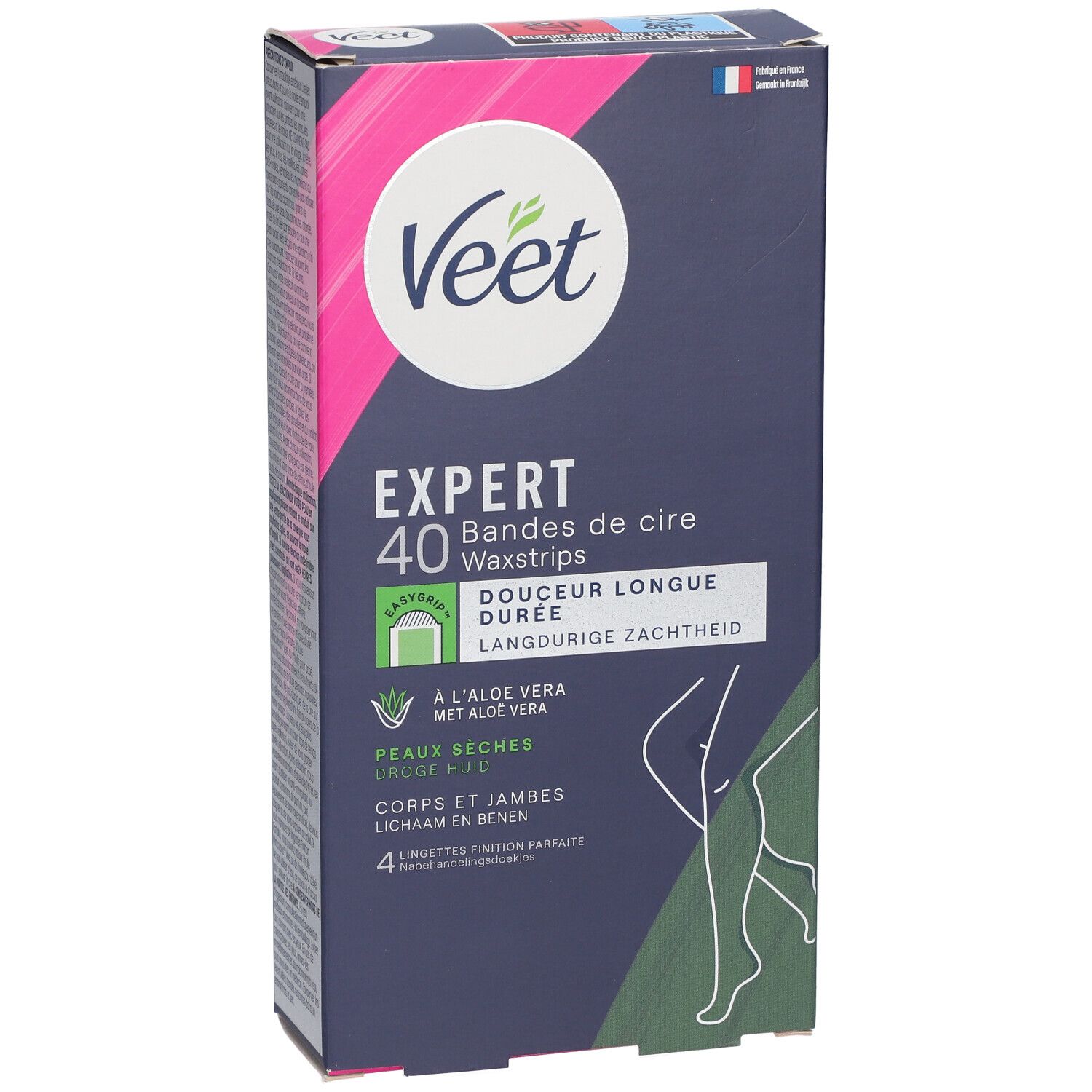 Boîte de bandes de cire Veet Expert. 40 bandes, pour peaux sèches. Contient de l'aloe vera. Emballage avec nom du produit.