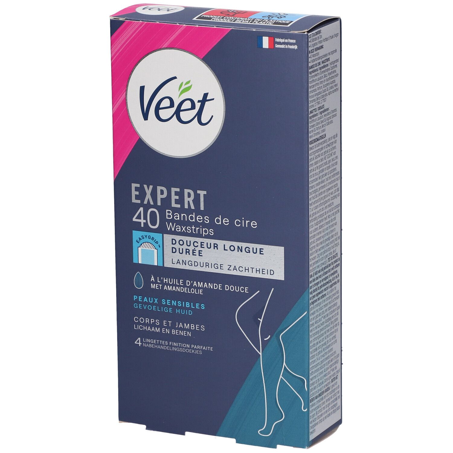 Veet Expert waxstrips verpakking. 40 strips. Voor gevoelige huid. Met amandelolie. Verpakking met productafbeelding.