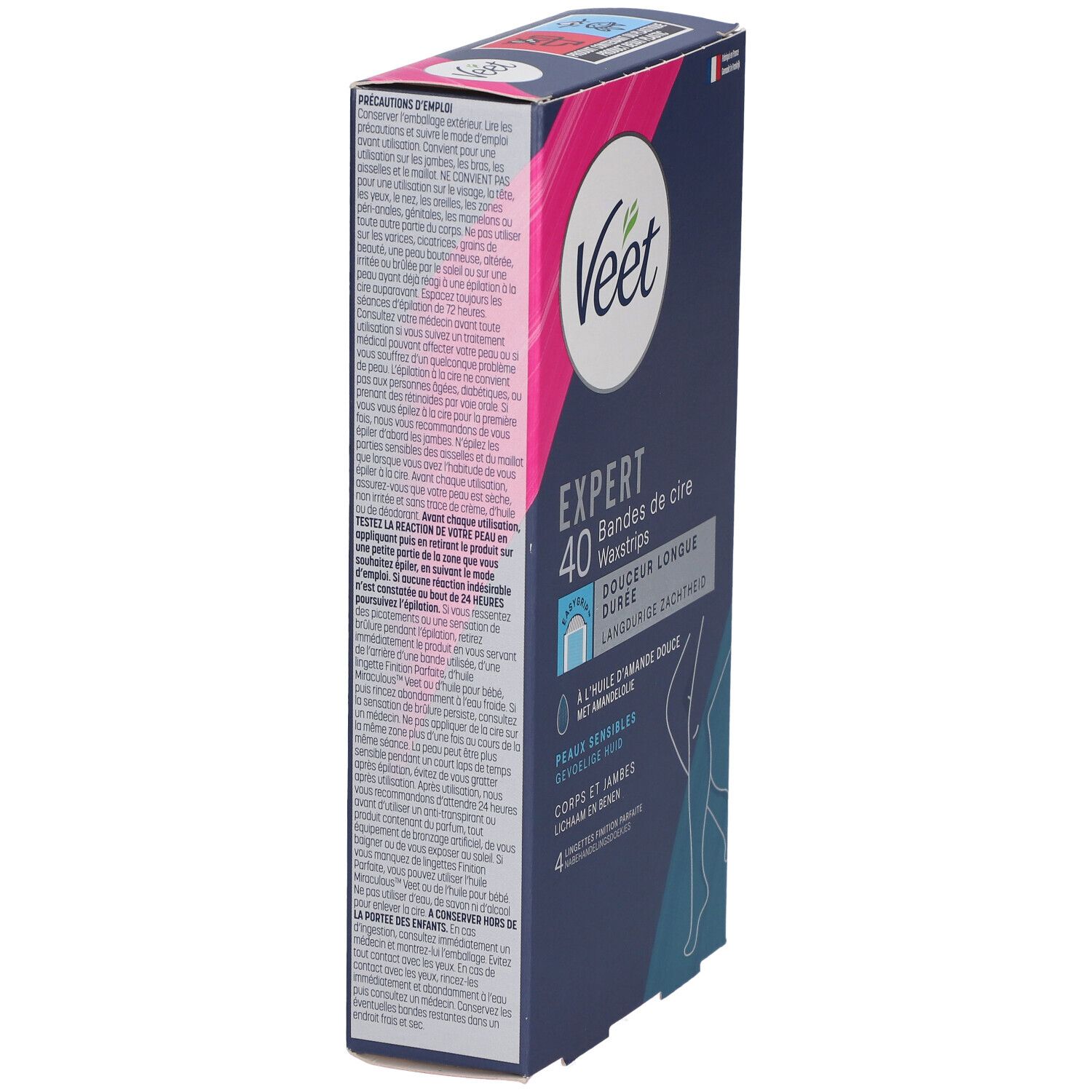 Zijaanzicht van de Veet Expert waxstrips verpakking. Tekst met productinformatie en waarschuwingen. Franse vlag.