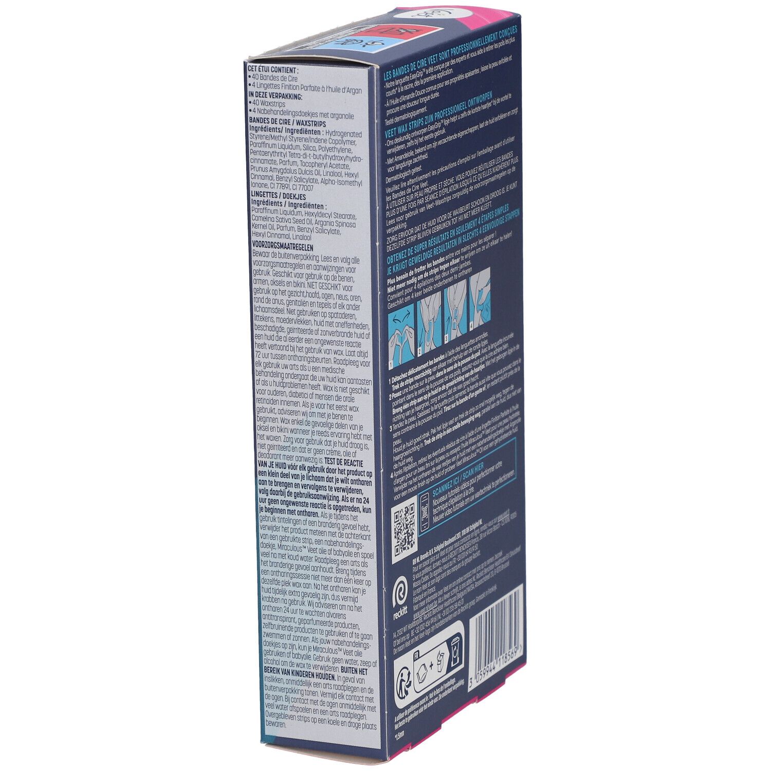 Zijaanzicht van de Veet Expert waxstrips verpakking. Tekst met ingrediënten en instructies. QR-code.