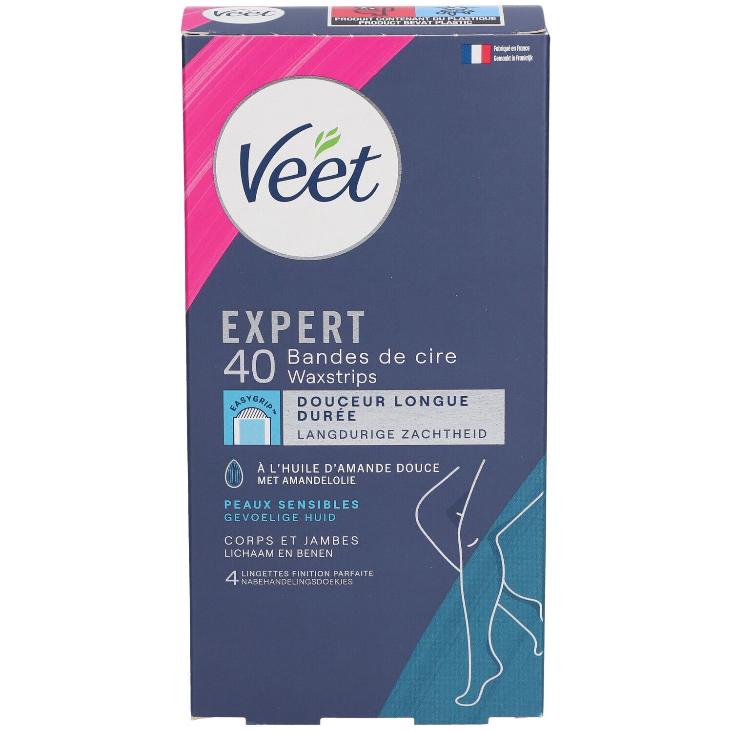 Veet Expert waxstrips verpakking. 40 strips. Voor gevoelige huid. Met amandelolie. Franse vlag.