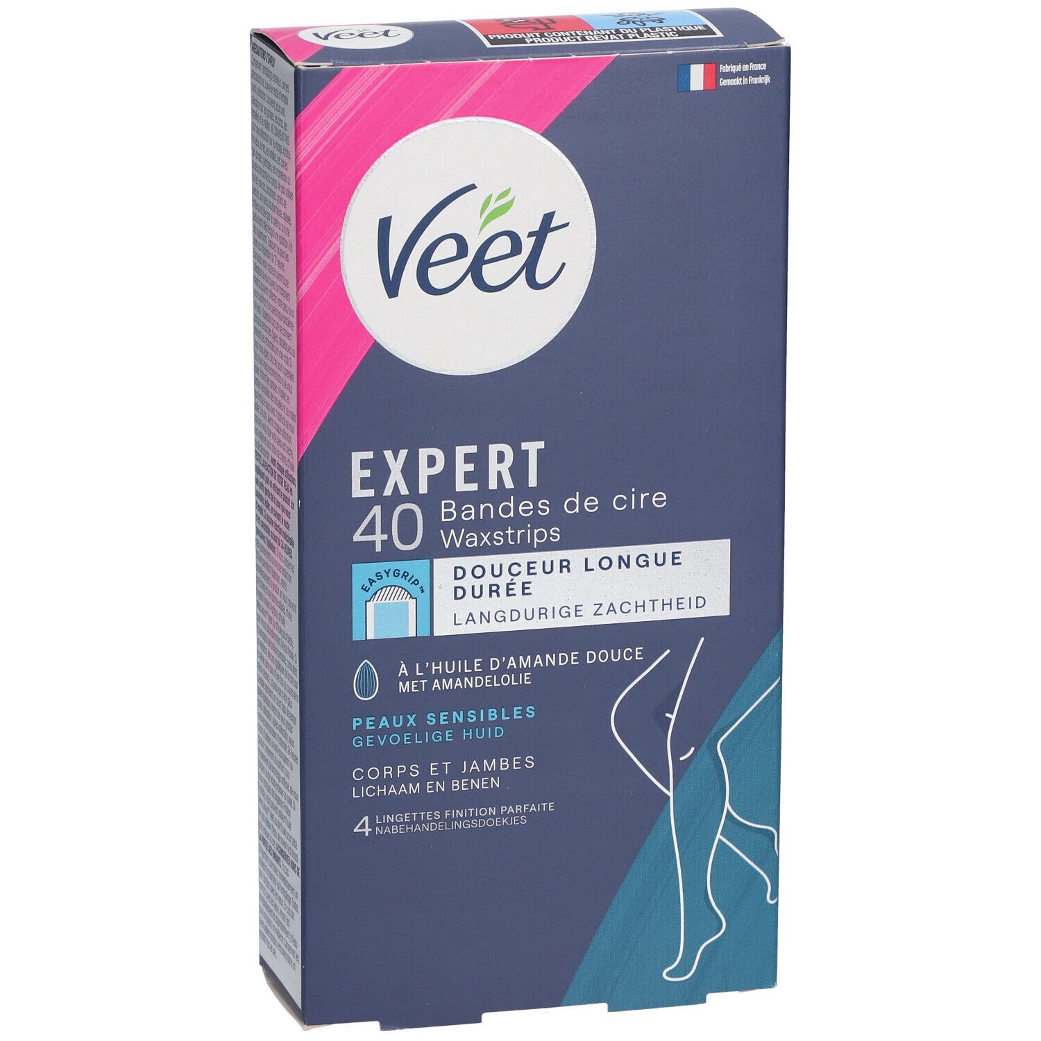 Veet Expert waxstrips verpakking. 40 strips. Voor gevoelige huid. Met amandelolie. Logo.