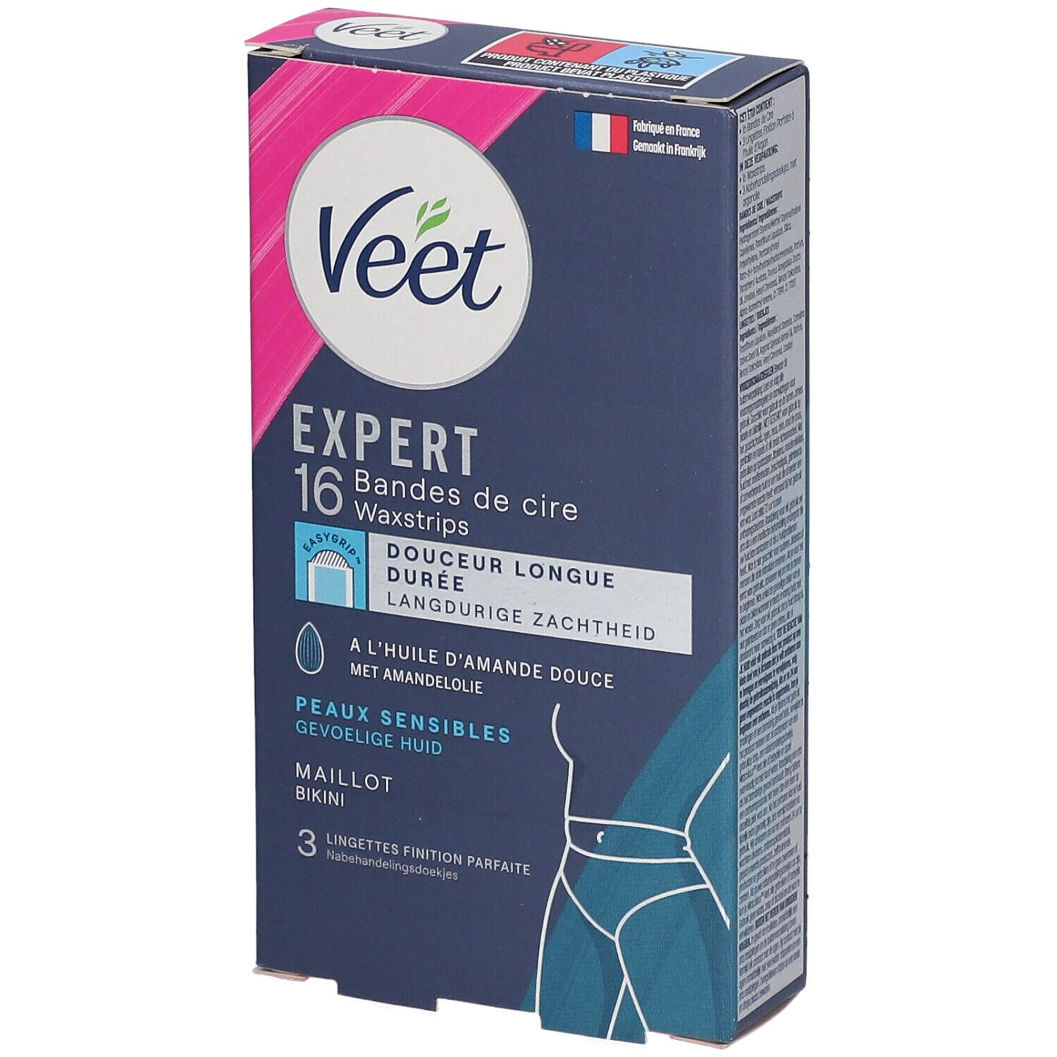Boîte Veet Expert, 16 bandes de cire, peau sensible, huile d'amande douce. Pour maillot. 3 lingettes.