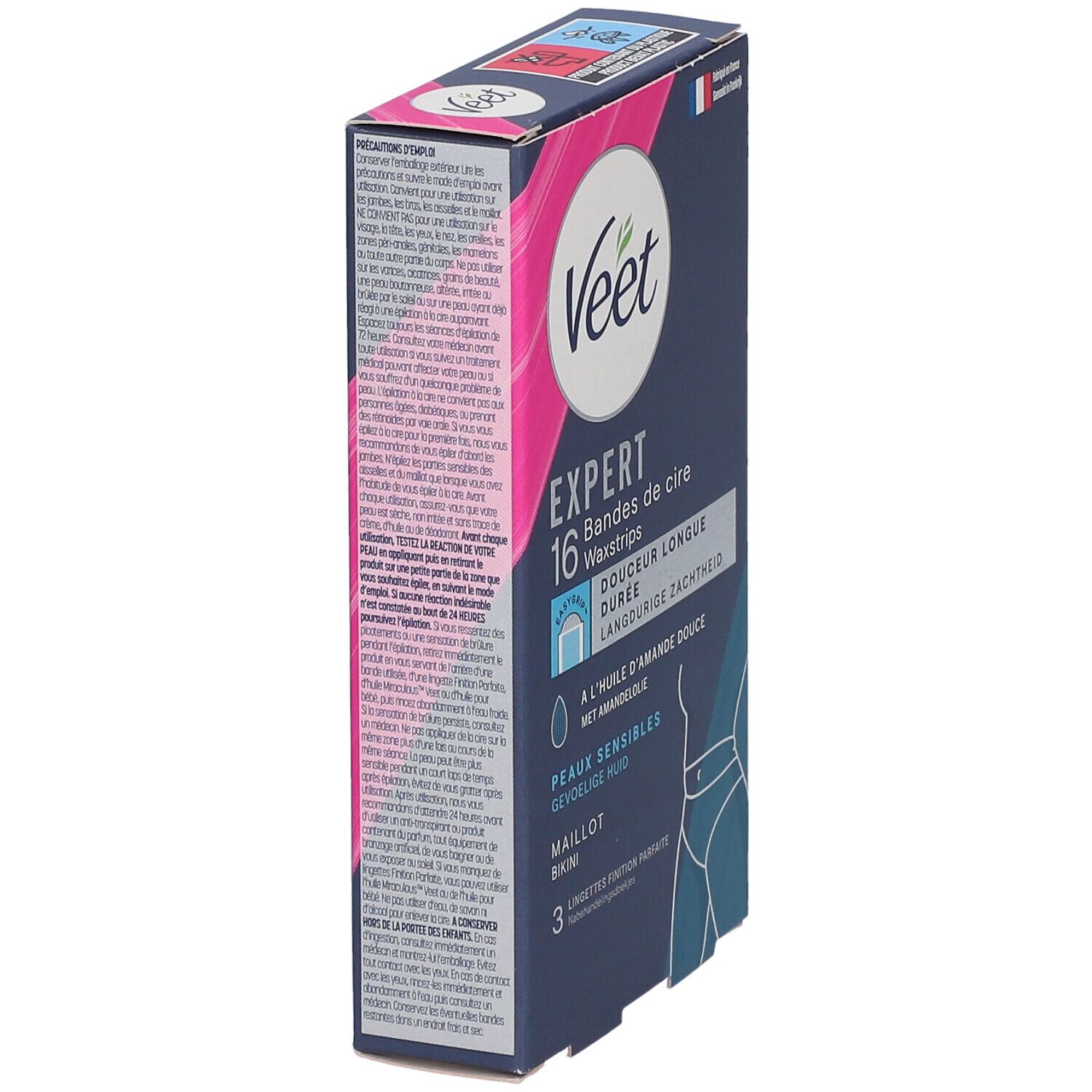 Boîte Veet Expert en biais. 16 bandes de cire, peau sensible, huile d'amande douce. Pour maillot. 3 lingettes.