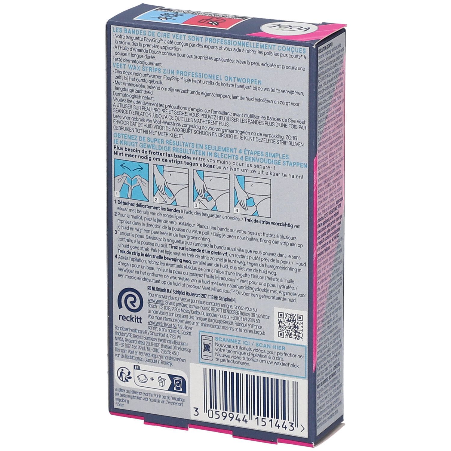 Dos de la boîte Veet Expert. Informations d'utilisation et ingrédients. Code QR à scanner.