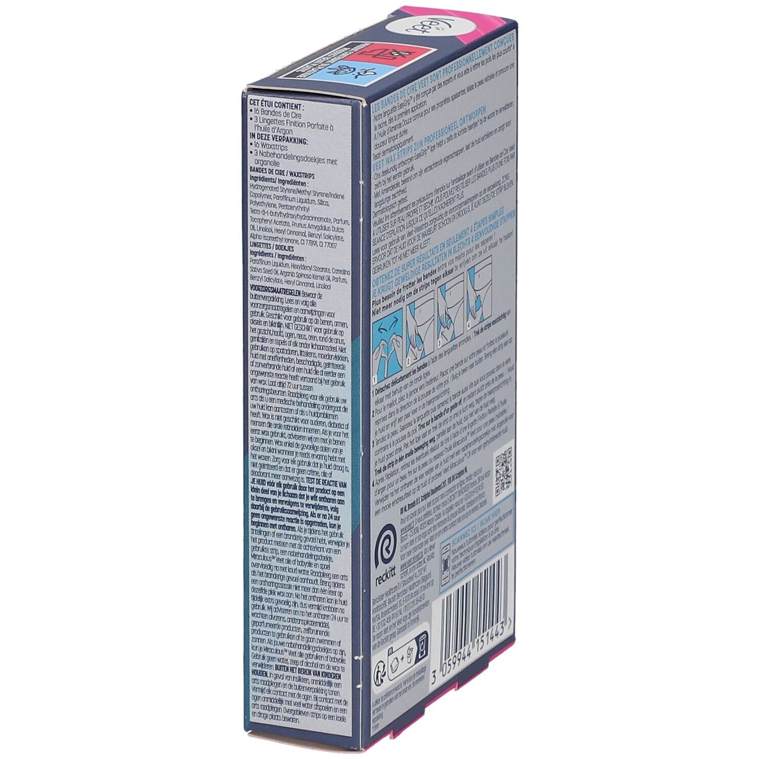 Vue latérale de la boîte Veet Expert. Informations ingrédients et utilisation. Code QR.