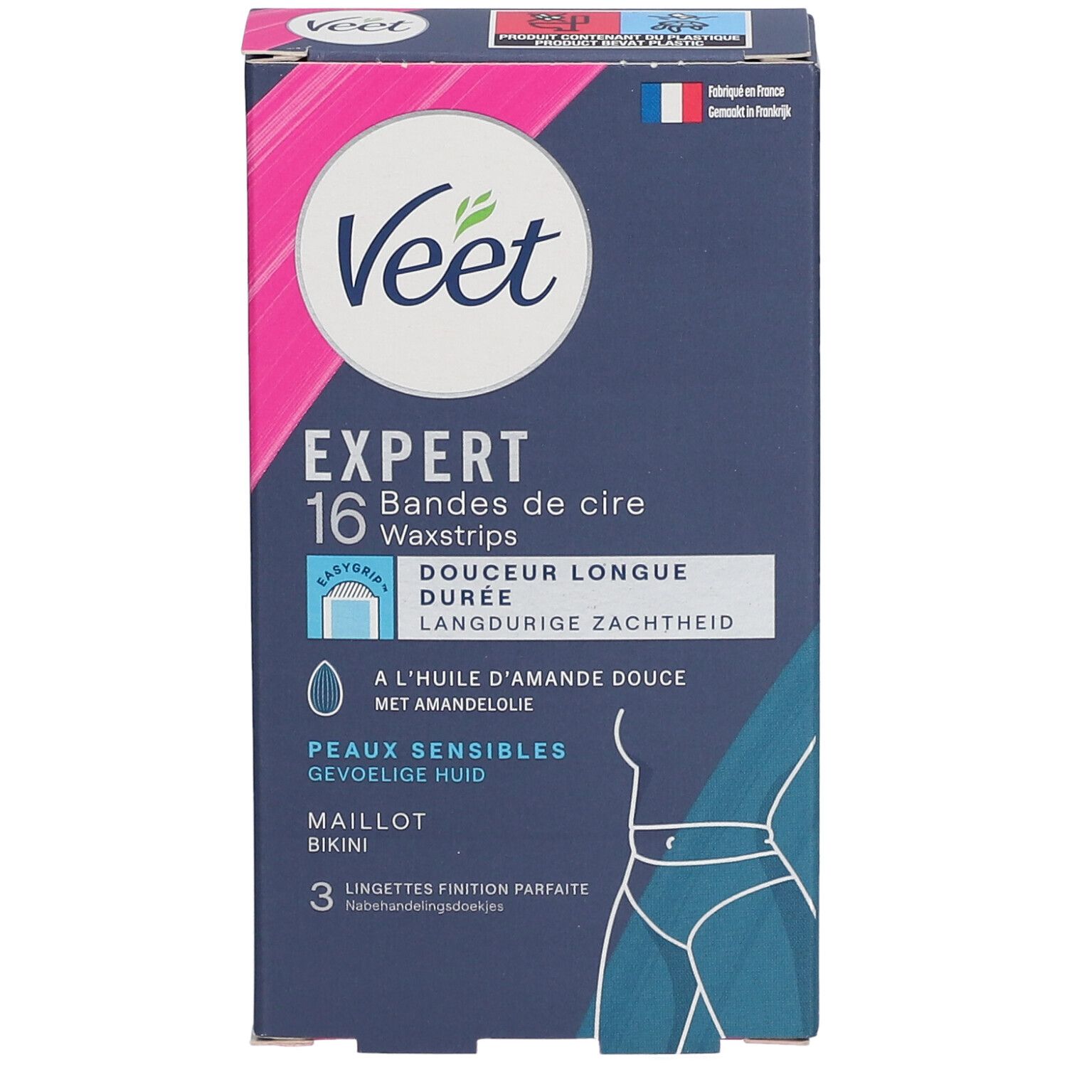 Boîte Veet Expert, 16 bandes de cire, peau sensible, huile d'amande douce. Pour maillot. 3 lingettes.