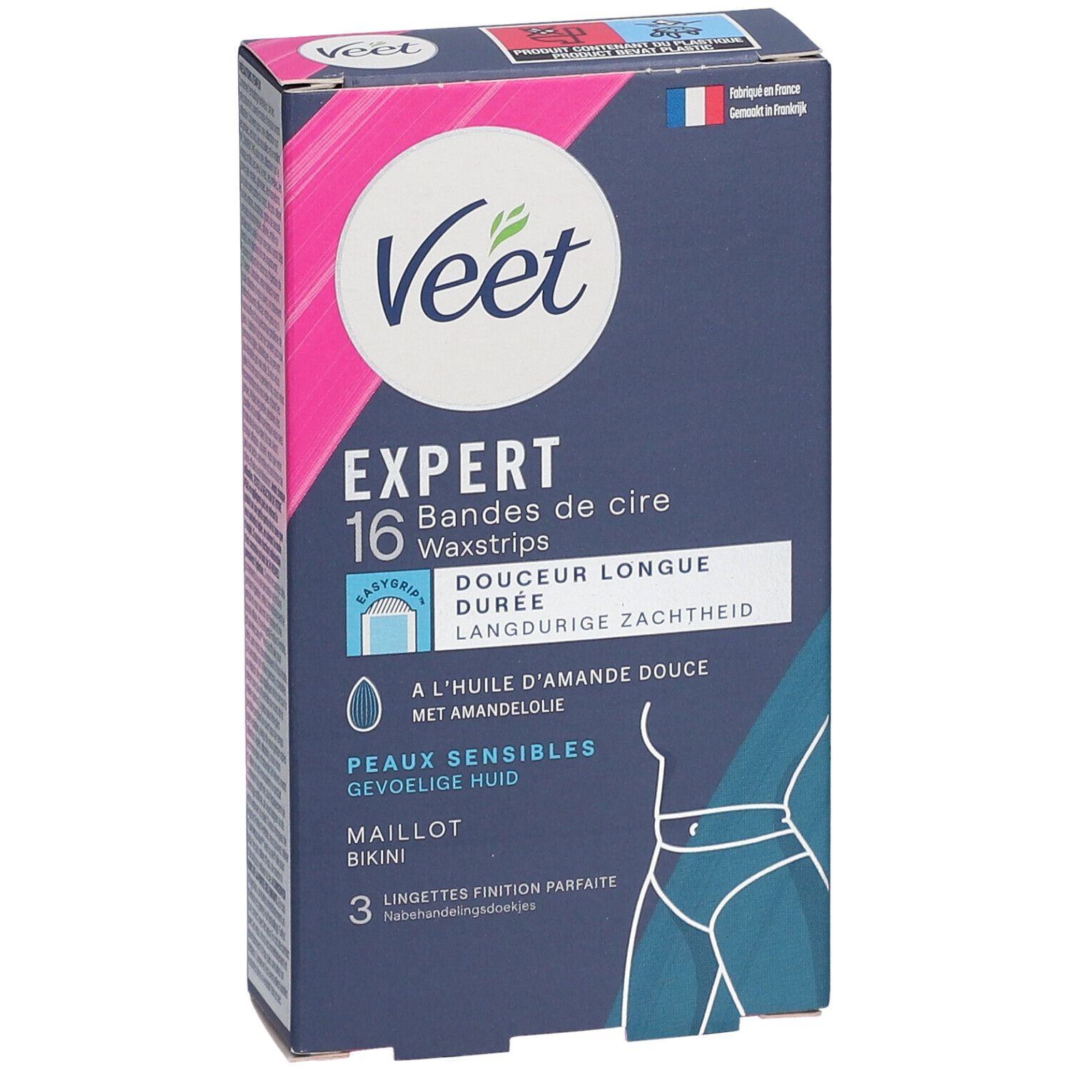 Boîte Veet Expert, 16 bandes de cire, peau sensible, huile d'amande douce. Pour maillot. 3 lingettes.