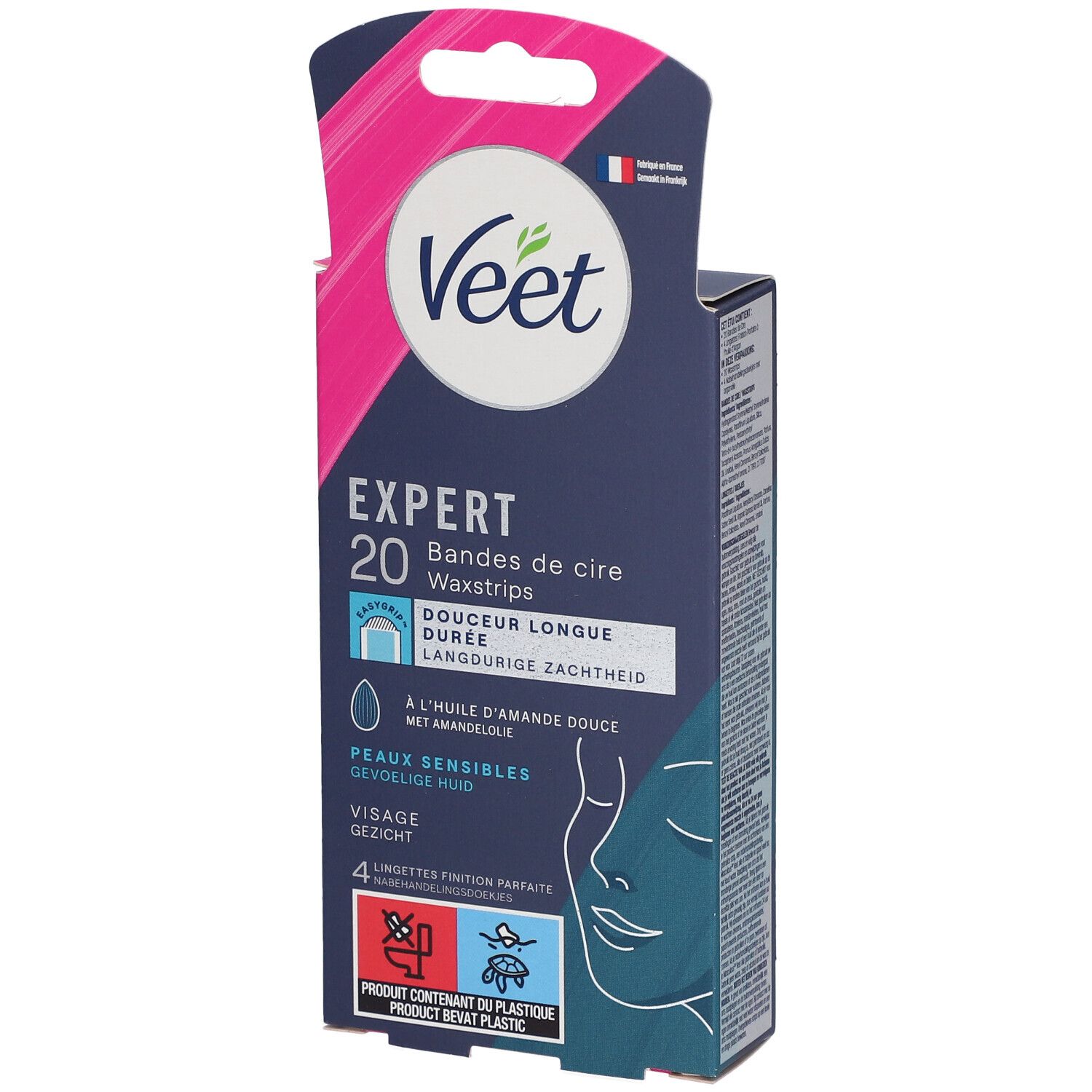 Veet Expert Packung. Enthält 20 Waxstrips für empfindliche Gesichtshaut. Verpackung mit Produktinformationen und Illustrationen.