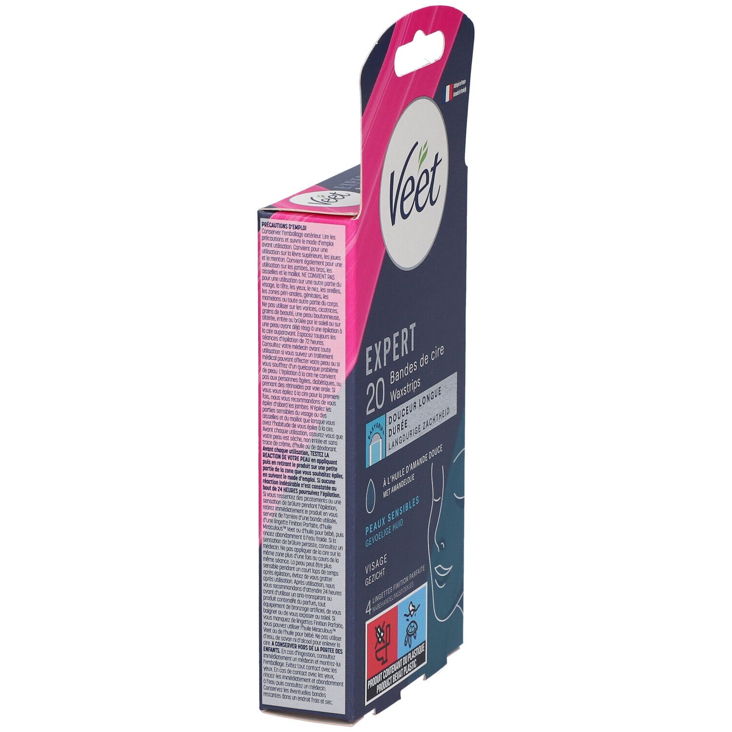 Veet Expert Packung, Seitenansicht. Enthält 20 Waxstrips. Produktinformationen und Illustrationen auf der Verpackung.