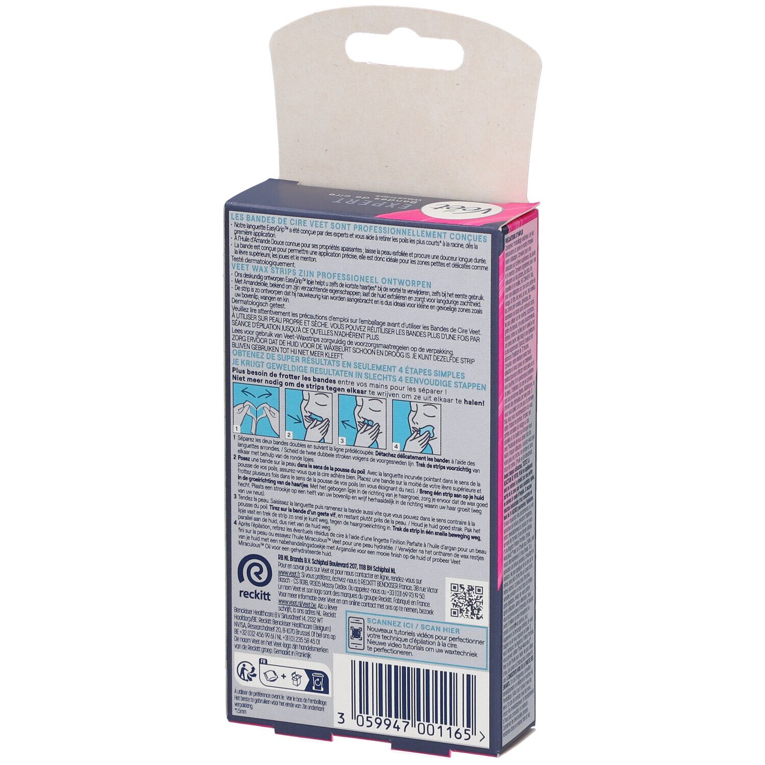 Rückseite der Veet Expert Packung. Produktinformationen, Anwendungsanleitung und Herstellerinformationen.