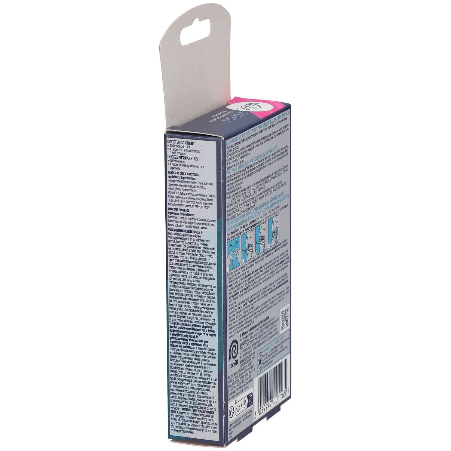 Seitenansicht der Veet Expert Packung. Produktinformationen und Anwendungsanleitung.