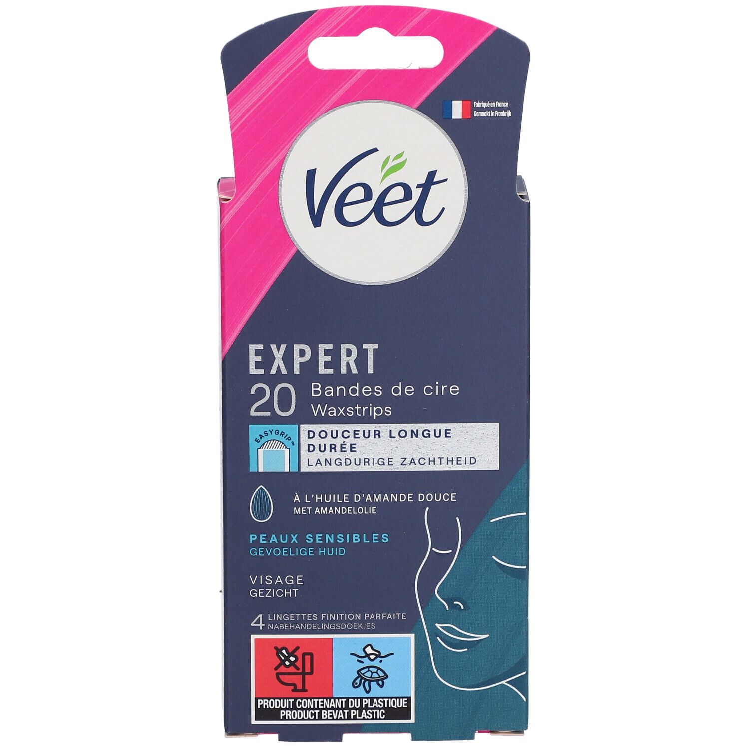 Veet Expert Packung. Enthält 20 Waxstrips für empfindliche Gesichtshaut. Verpackung mit Produktinformationen und Illustrationen.