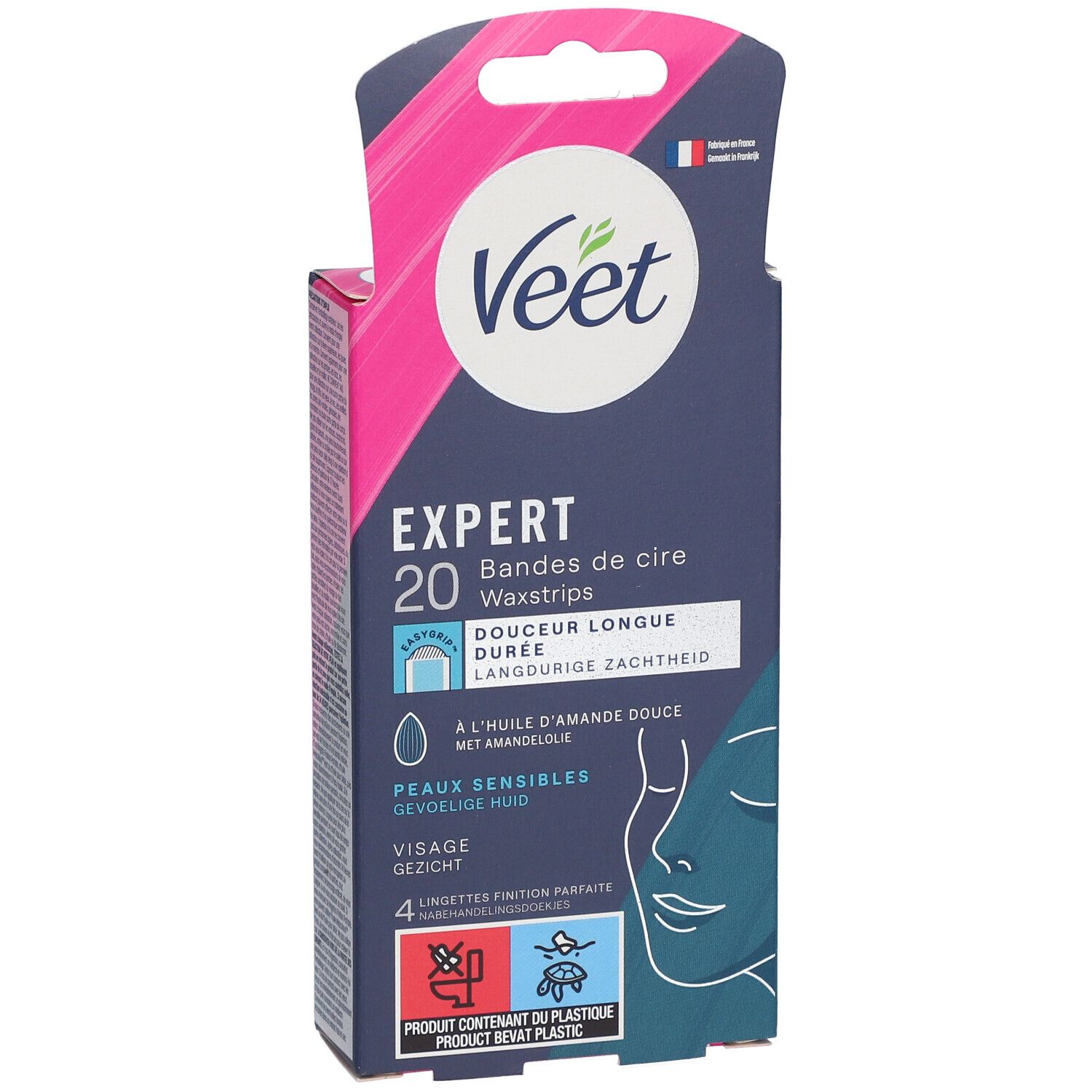Veet Expert Packung. Enthält 20 Waxstrips für empfindliche Gesichtshaut. Verpackung mit Produktinformationen und Illustrationen.