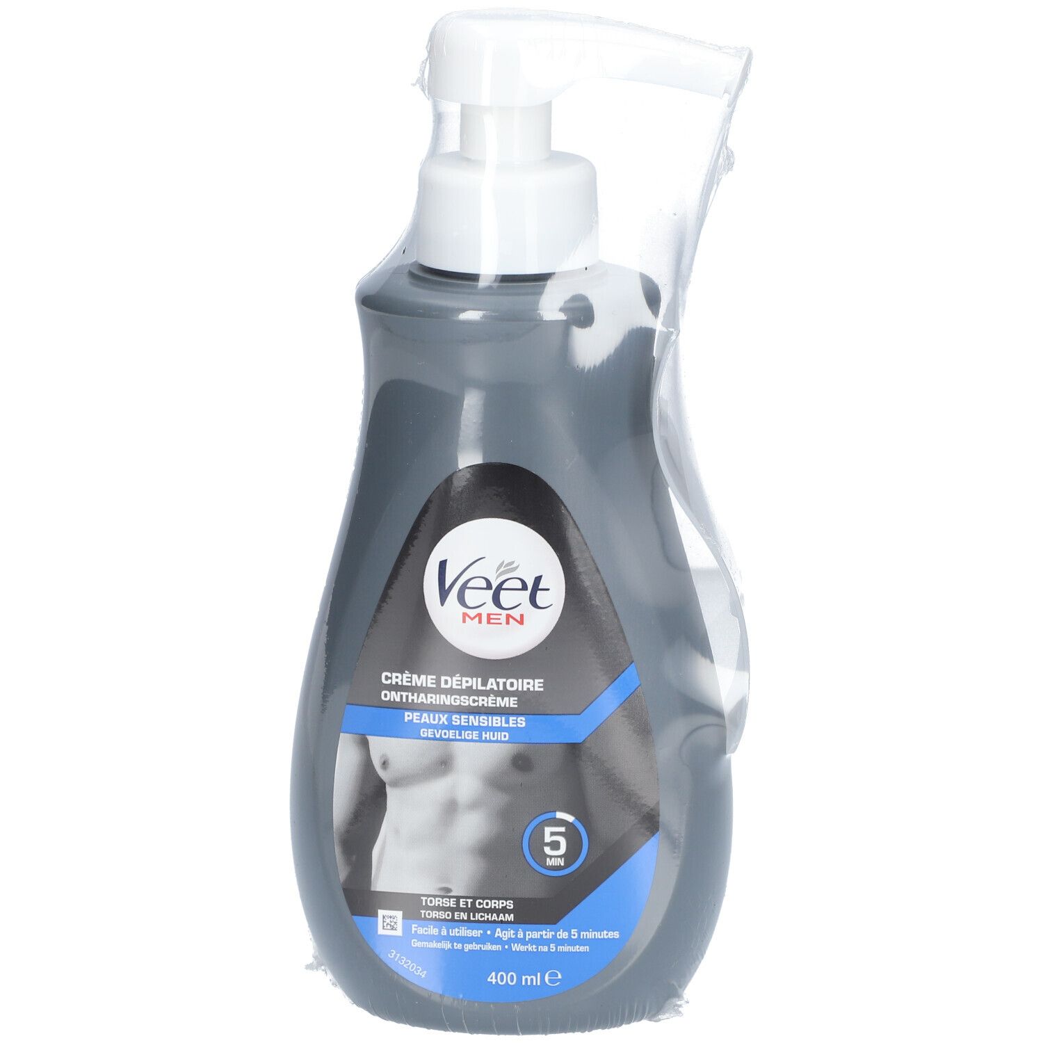 Graue Flasche mit Pumpkopf. Aufkleber mit Produktinformationen und Logo. In Folie verpackt.