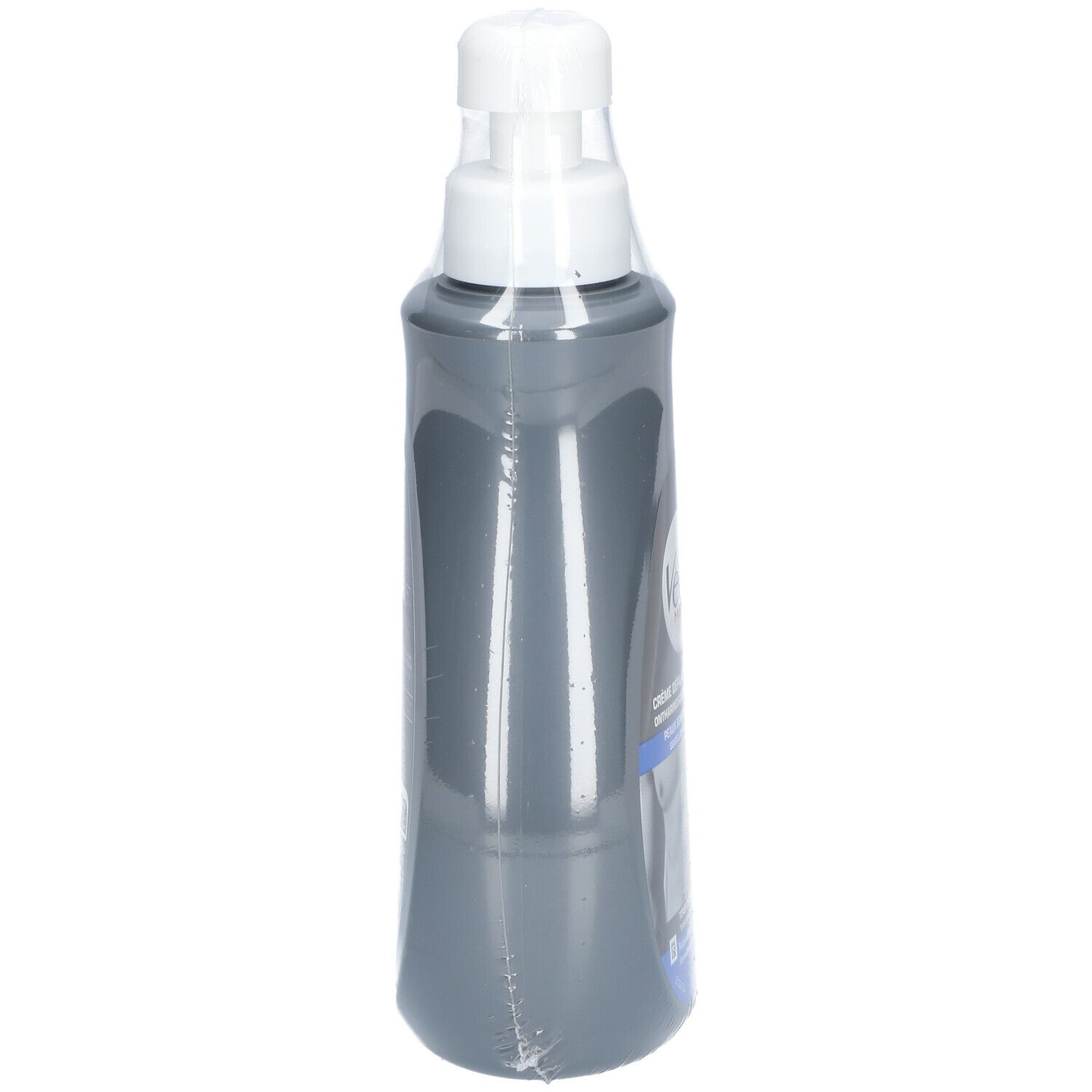 Graue Flasche mit Pumpkopf, in Folie verpackt. Seitenansicht. Weißer Pumpkopf.