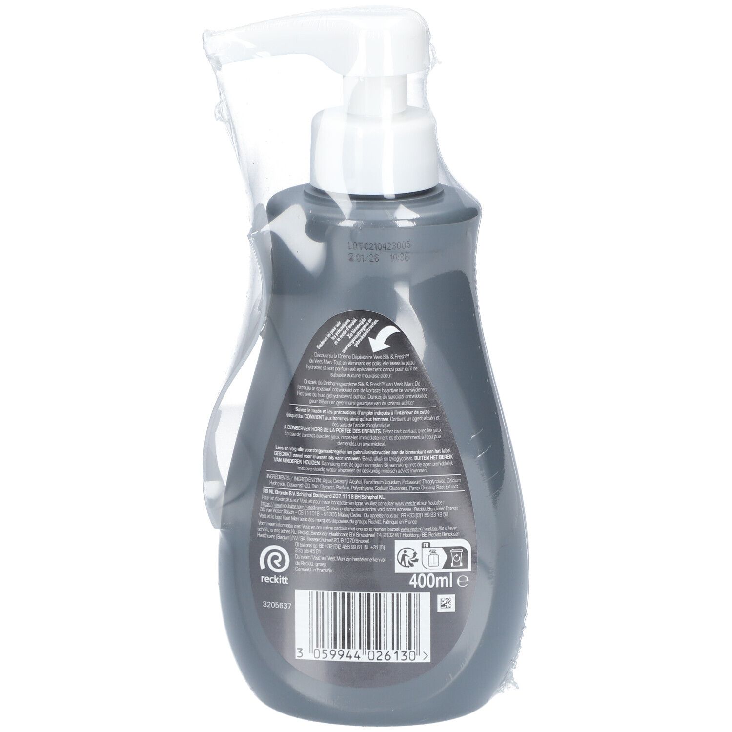 Rückseite einer grauen Flasche mit Pumpkopf. Produktinformationen und Barcode. In Folie verpackt.