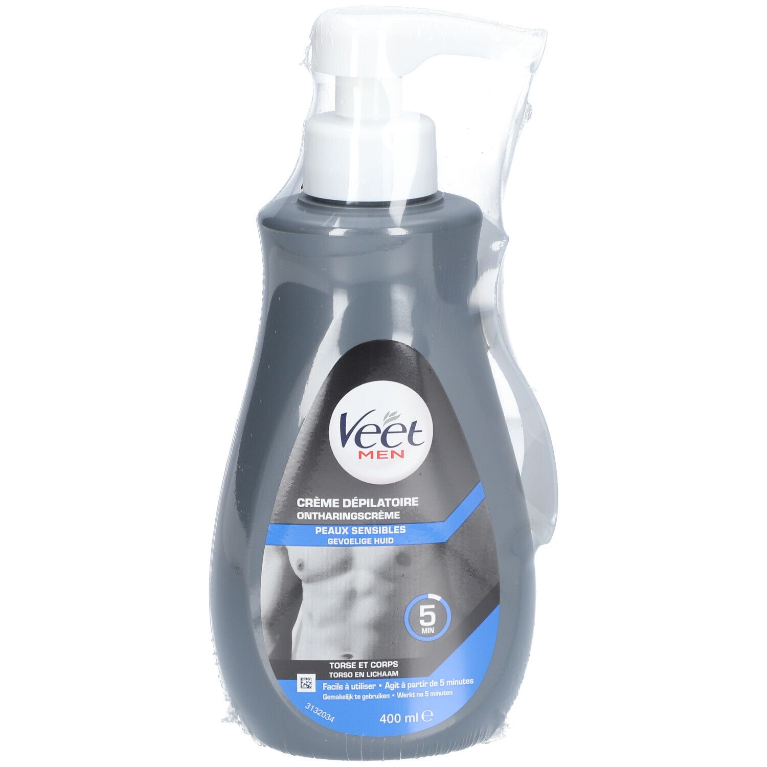 Graue Flasche mit Pumpkopf. Aufkleber mit Produktinformationen und Logo. In Folie verpackt.