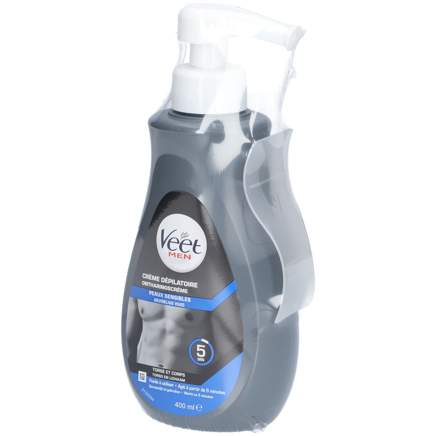 Graue Flasche mit Pumpkopf. Aufkleber mit Produktinformationen und Logo. In Folie verpackt.