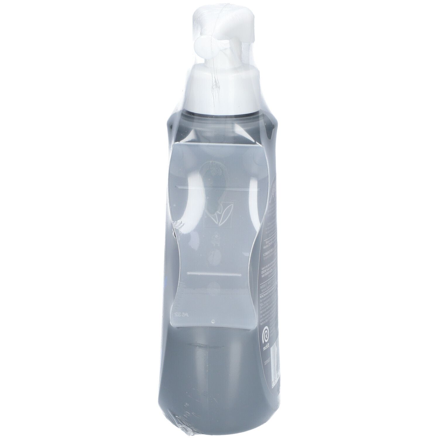 Graue Flasche mit Pumpkopf, in Folie verpackt. Rückansicht. Weißer Pumpkopf.