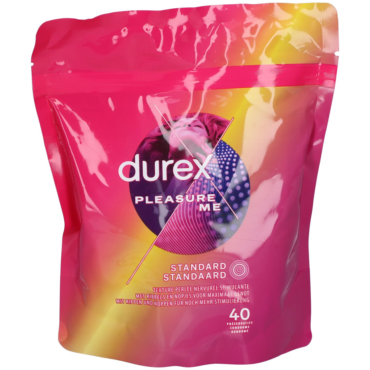 Emballage rose Durex Pleasure Me. Contient 40 préservatifs. Texte: Standard. Préservatifs avec picots.