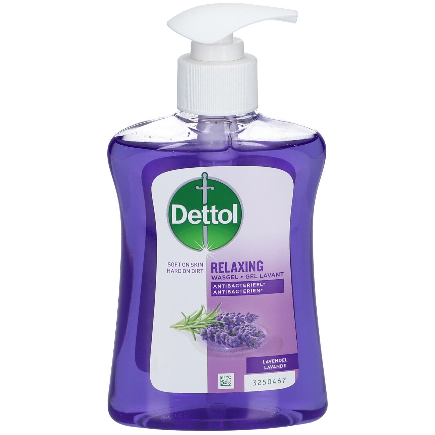 Dettol Relaxing Gel Lavant Antibactérien Lavande. Paarse vloeibare zeep met pomp. Etiket met productnaam en lavendel illustratie.