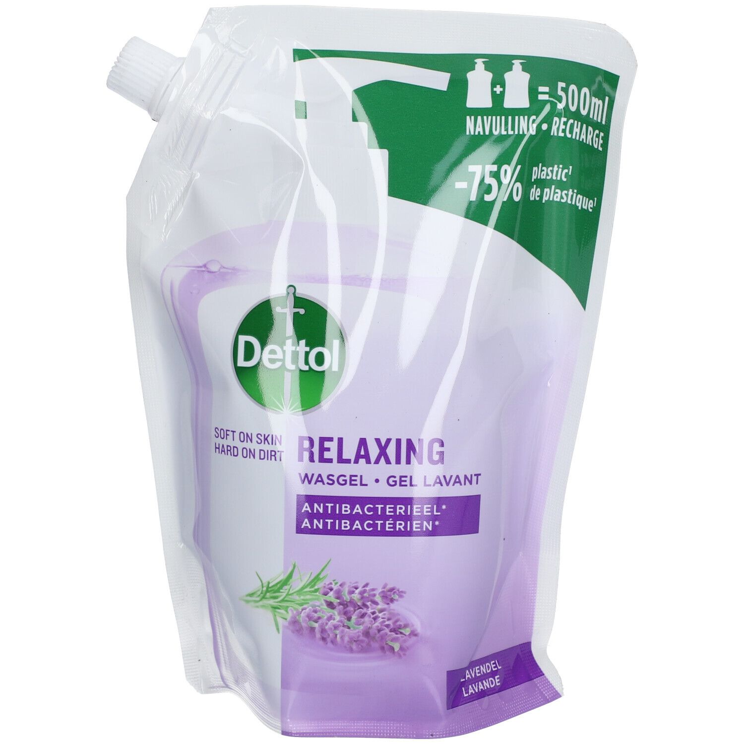 Navulverpakking Dettol Relaxing wasgel. Witte verpakking met paarse en groene accenten. Tekst: Relaxing, Antibacterieel, Lavendel.