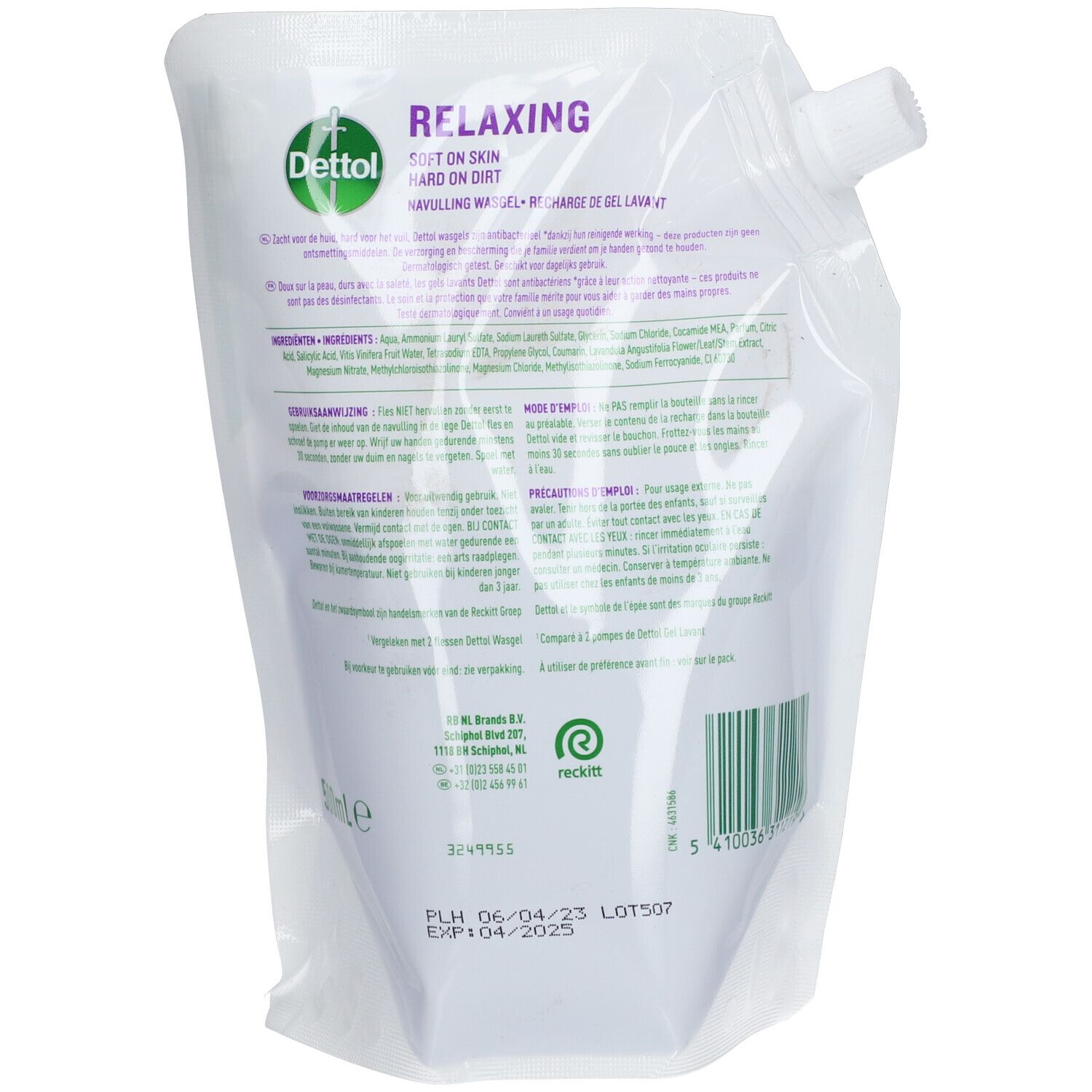 Achterkant van de navulverpakking Dettol Relaxing wasgel. Wit met tekst en barcode. Tekst: Ingrediënten, voorzorgsmaatregelen, houdbaarheidsdatum.