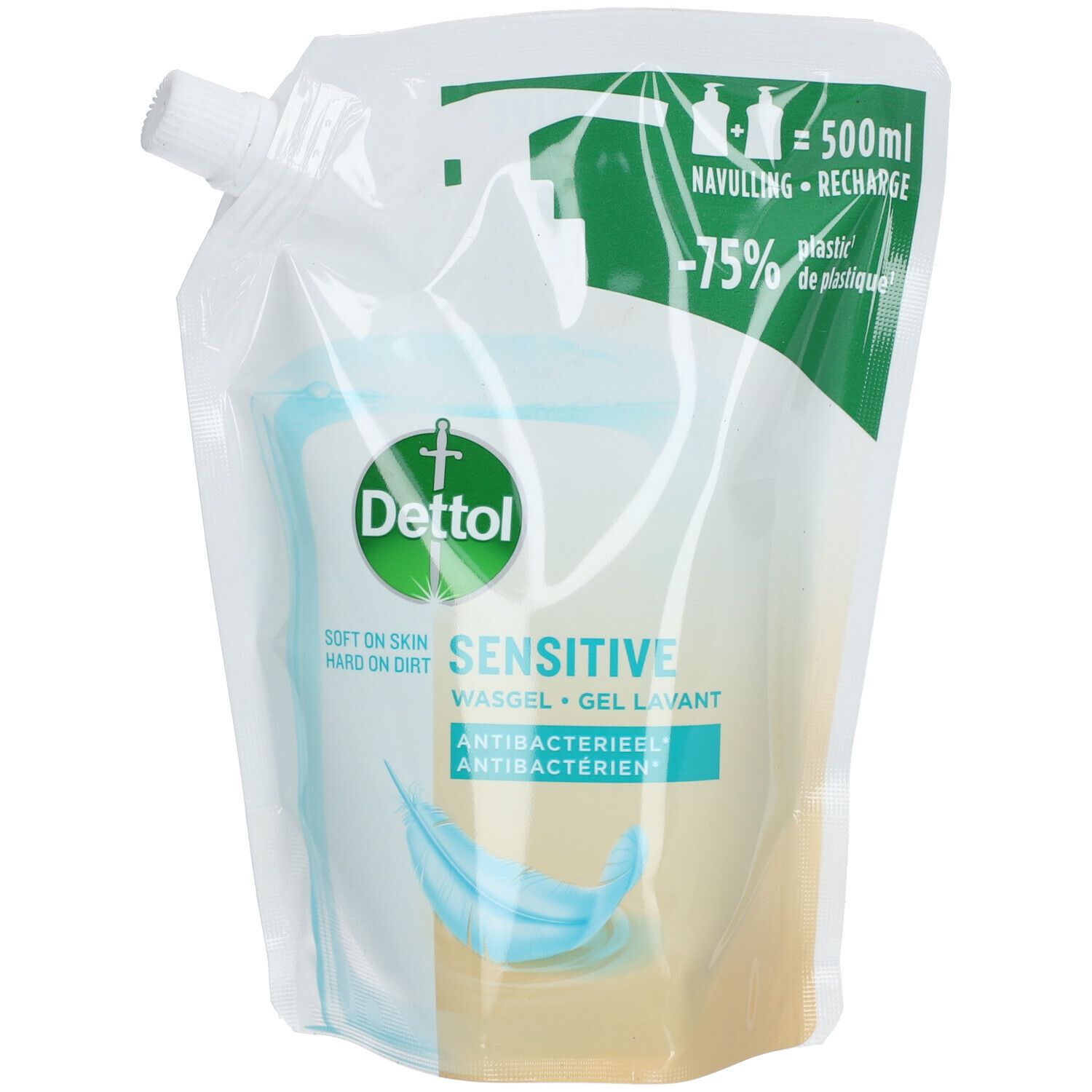 Dettol Sensitive navulling. Antibacteriële wasgel. 500ml. -75% minder plastic. Met schenktuit.