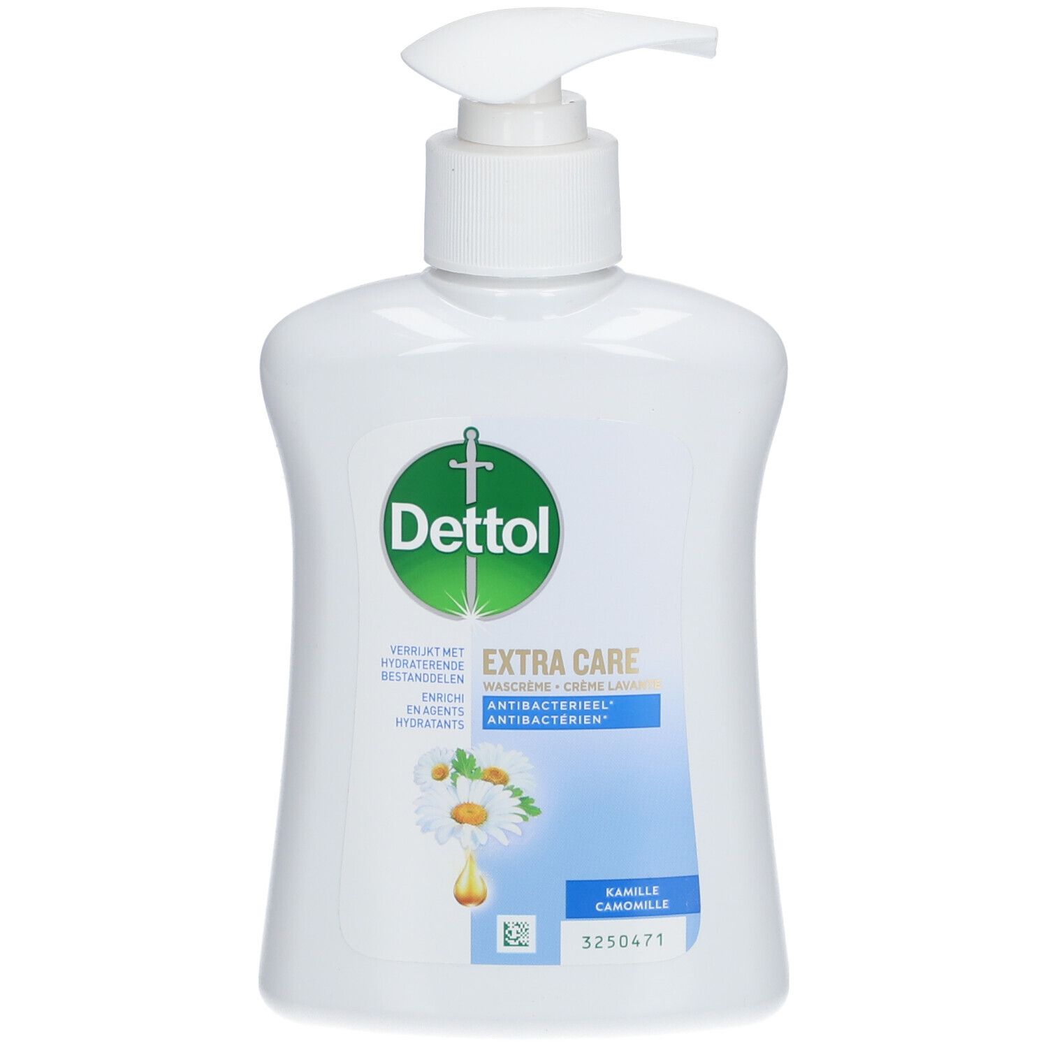 Witte fles met dispenser. Dettol Extra Care Crème Lavante Antibactérienne Camomille. Groen-wit etiket met kamillebloemen.