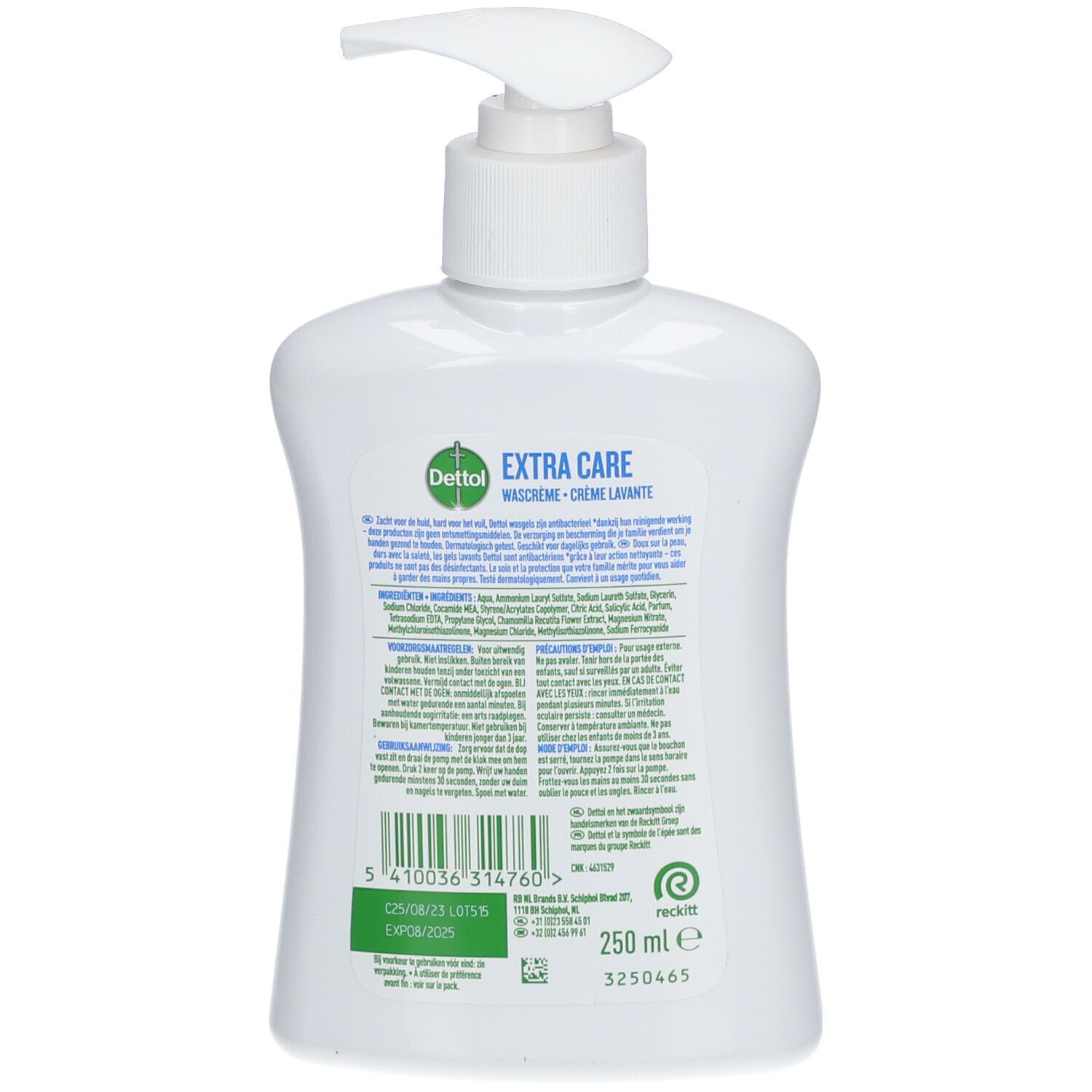 Achterkant van de witte fles. Dettol Extra Care Crème Lavante Antibactérienne Camomille. Tekst, ingrediënten, lotnummer.